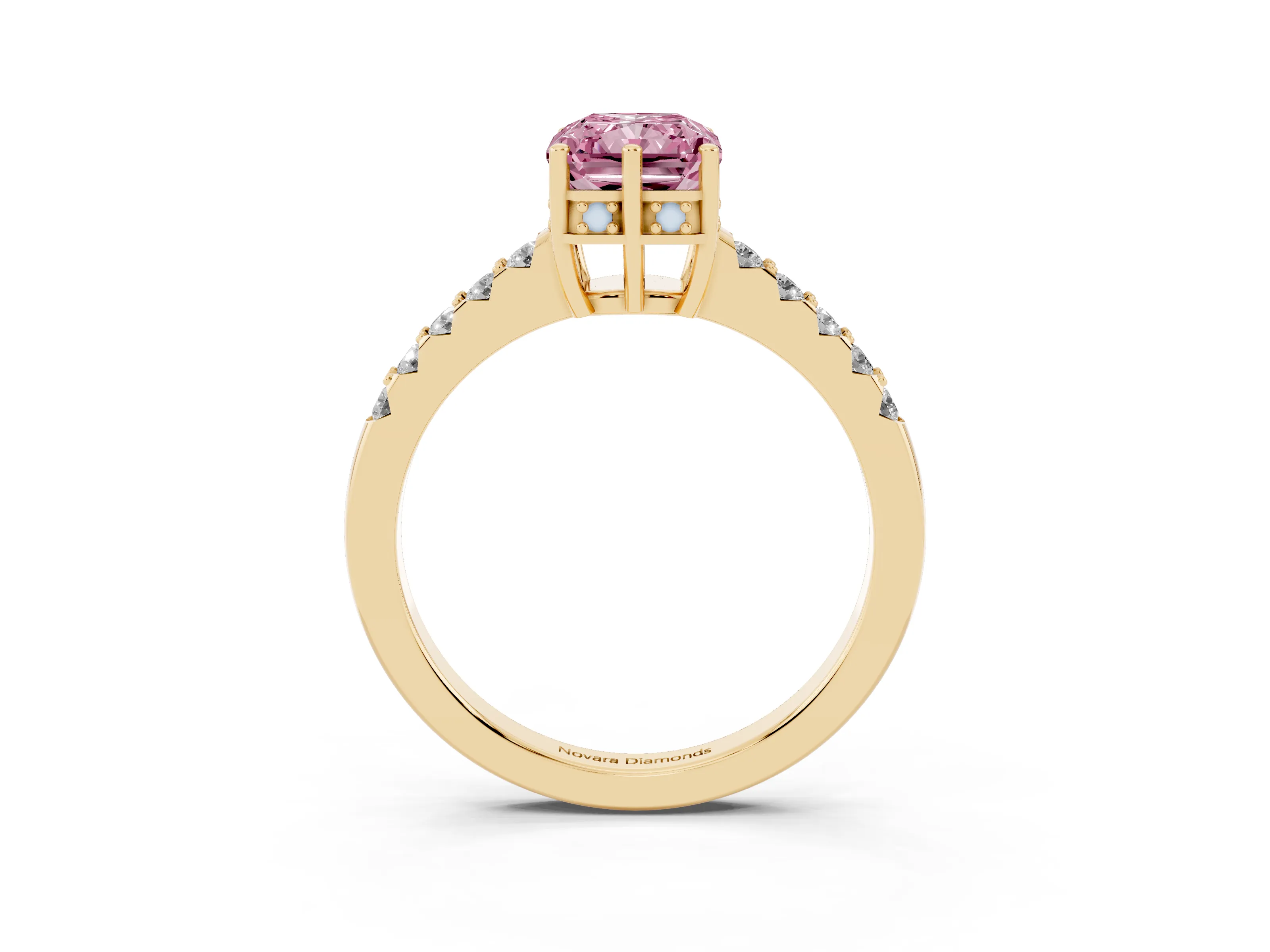 Fancy Pink Radiant Cut Diamond Solitaire Engagement Ring Set in Yellow gold with Pavé Band and Prong Setting