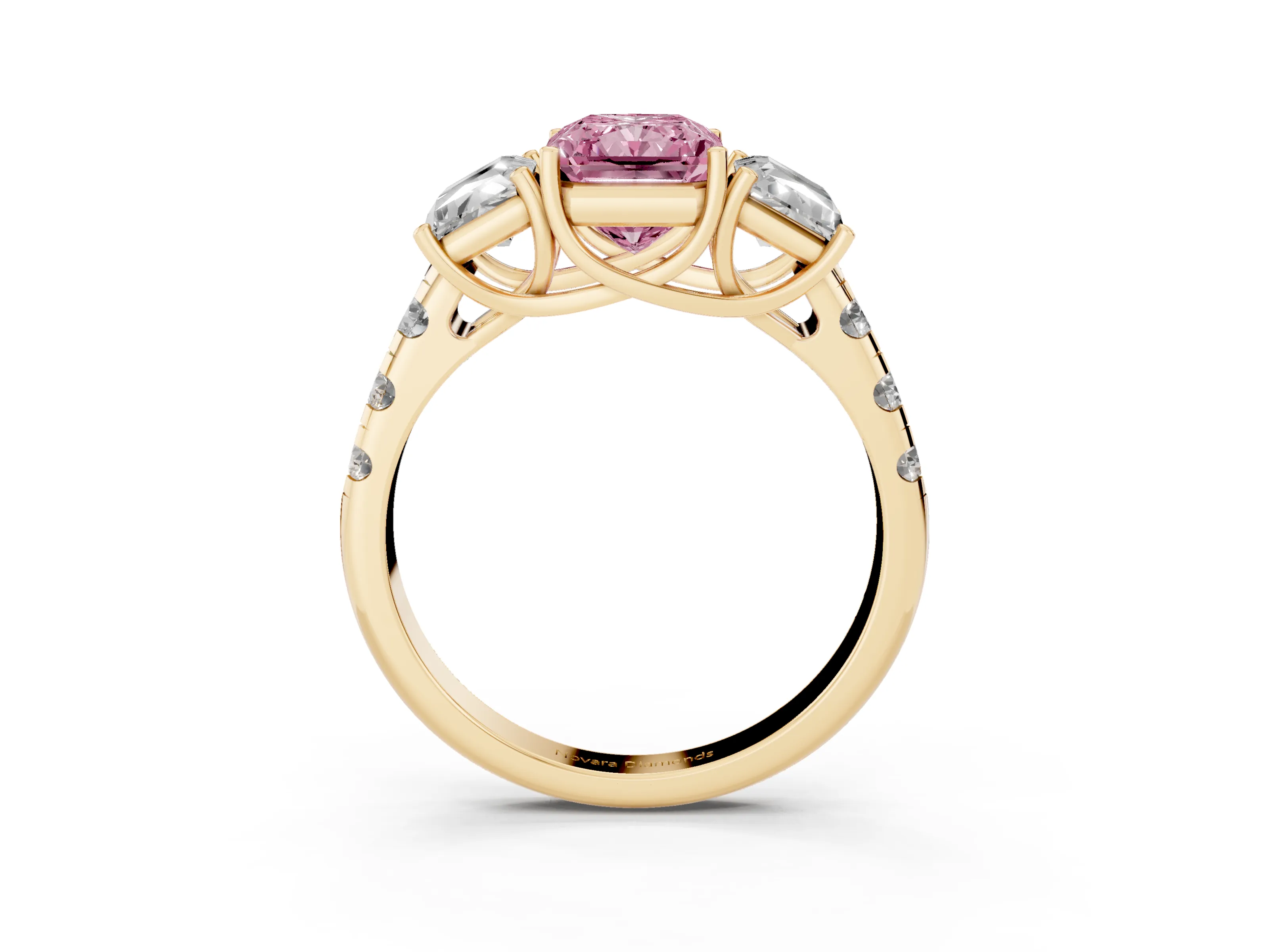 Fancy Pink Radiant Cut Diamond Three-Stone Ring Set in Yellow gold with Pavé Band