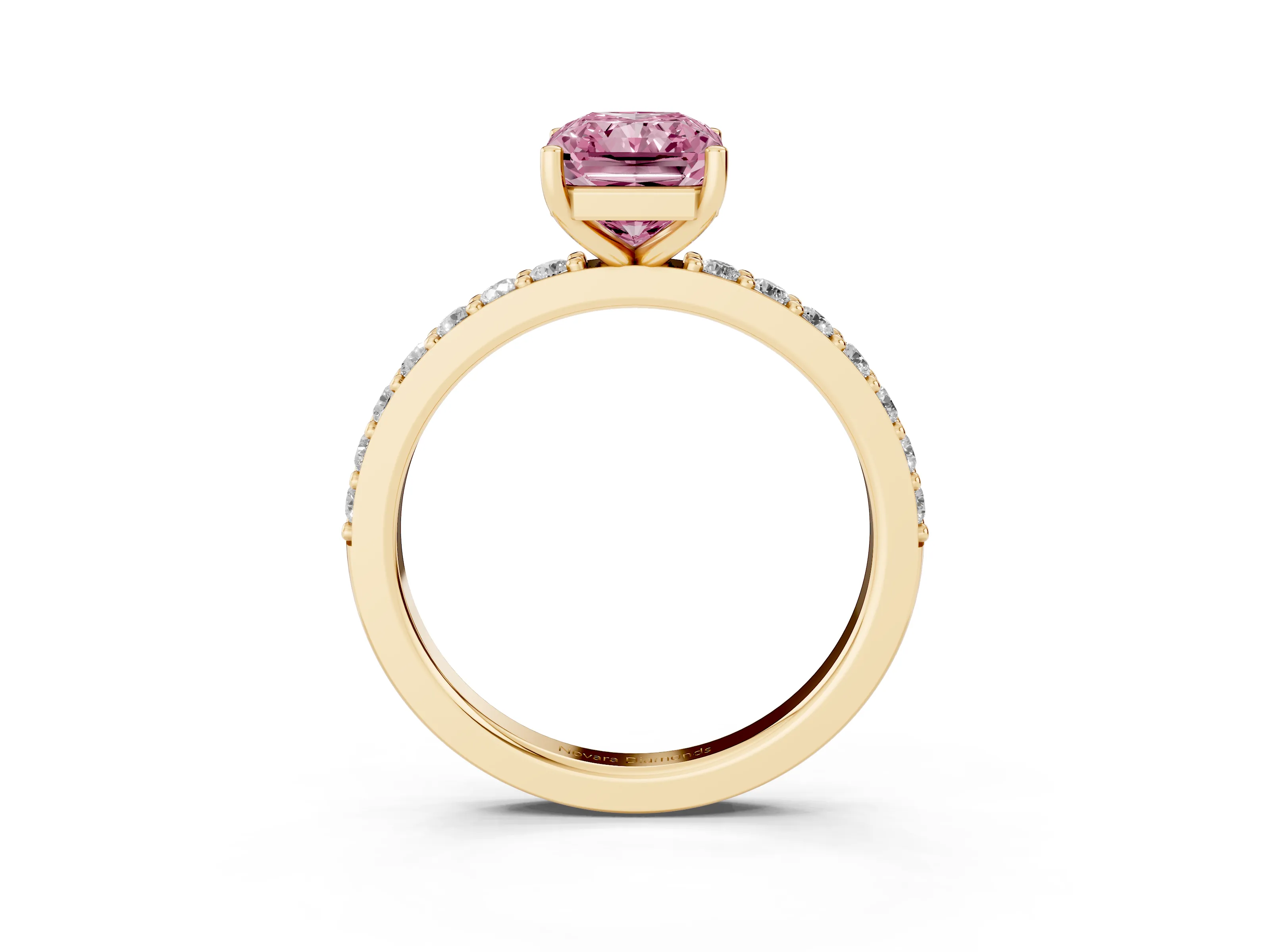 Fancy Pink Radiant Cut Diamond Solitaire Set in Yellow gold with Round Pavé Band and Prong Setting