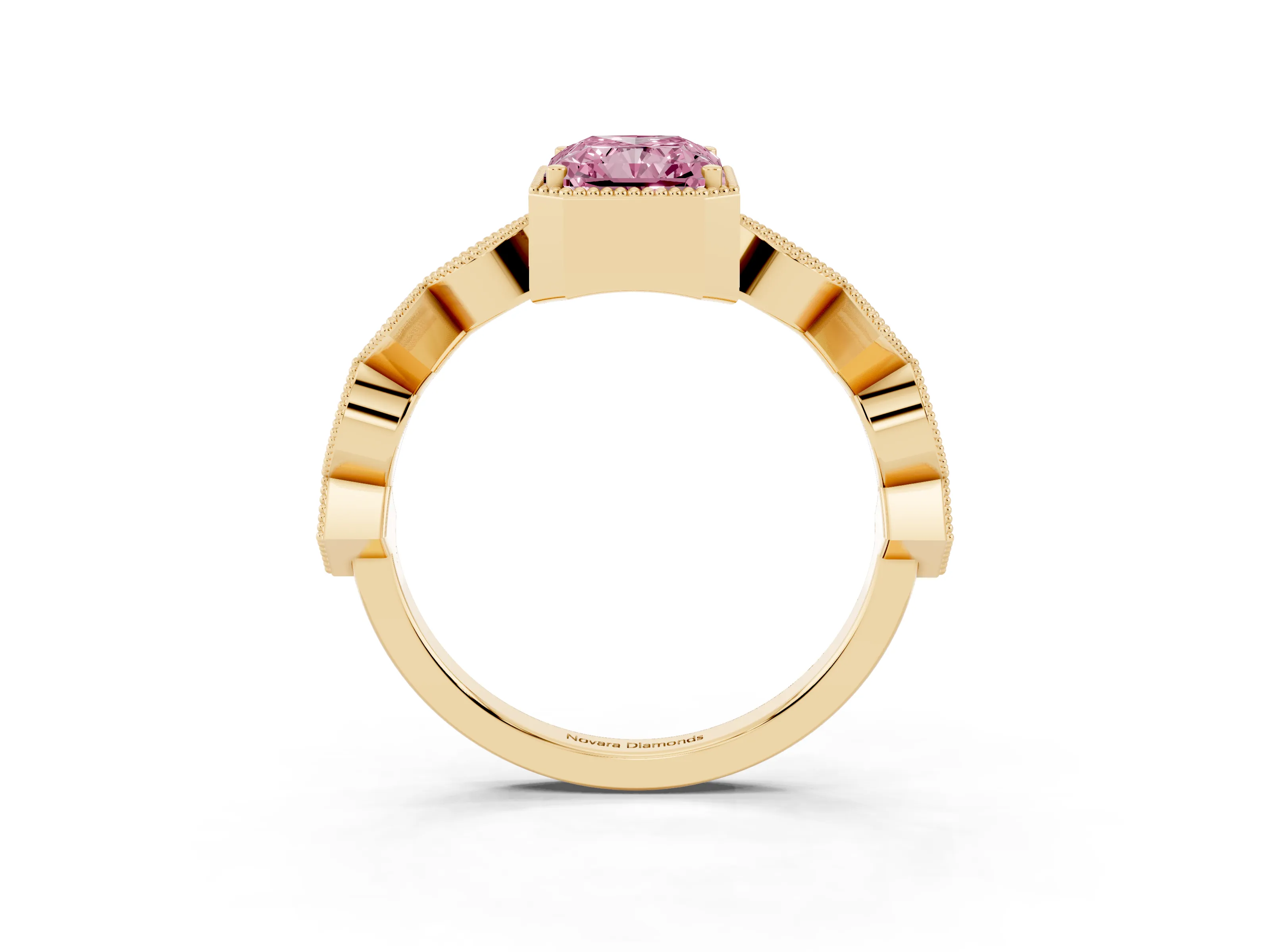 Fancy Pink Radiant Cut Diamond Milgrain Marquise Twist Band Ring Set in Yellow gold with Prong Setting