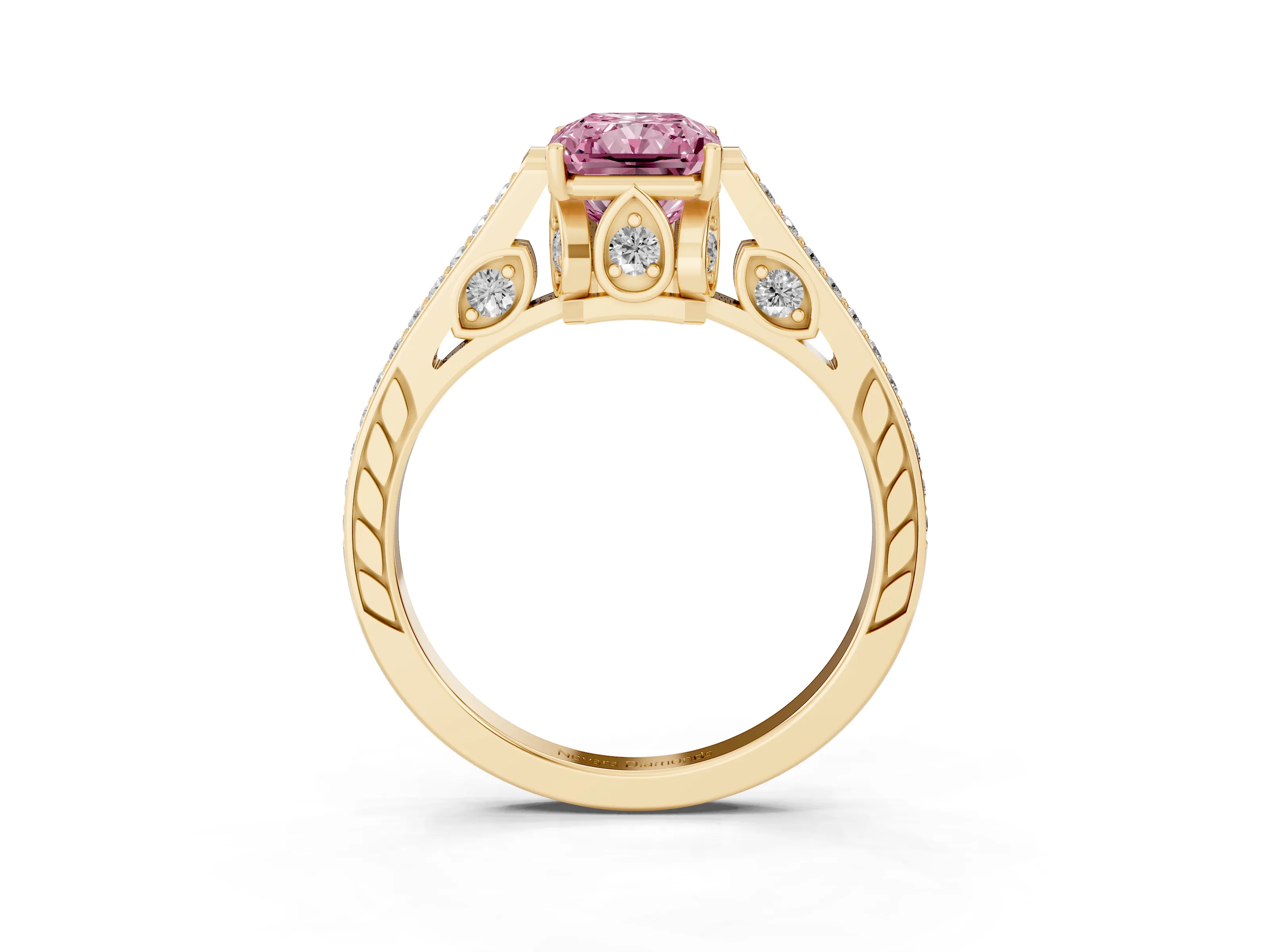 Fancy Pink Radiant Cut Diamond Cathedral Pavé Engagement Ring Set in Yellow gold with Prong Setting
