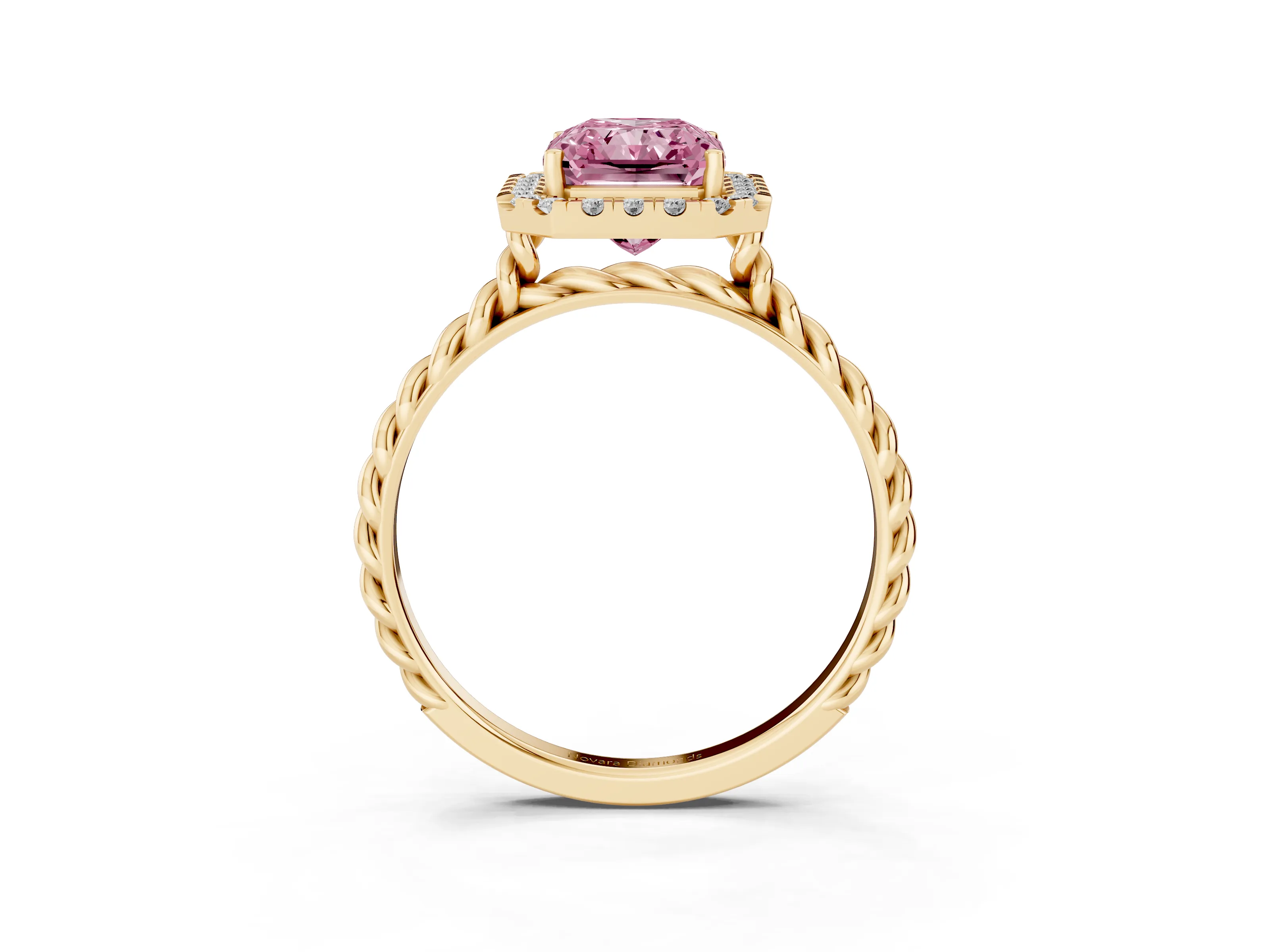 Fancy Pink Radiant Cut Diamond Halo Ring Set in Yellow gold with Plain Twisted Band