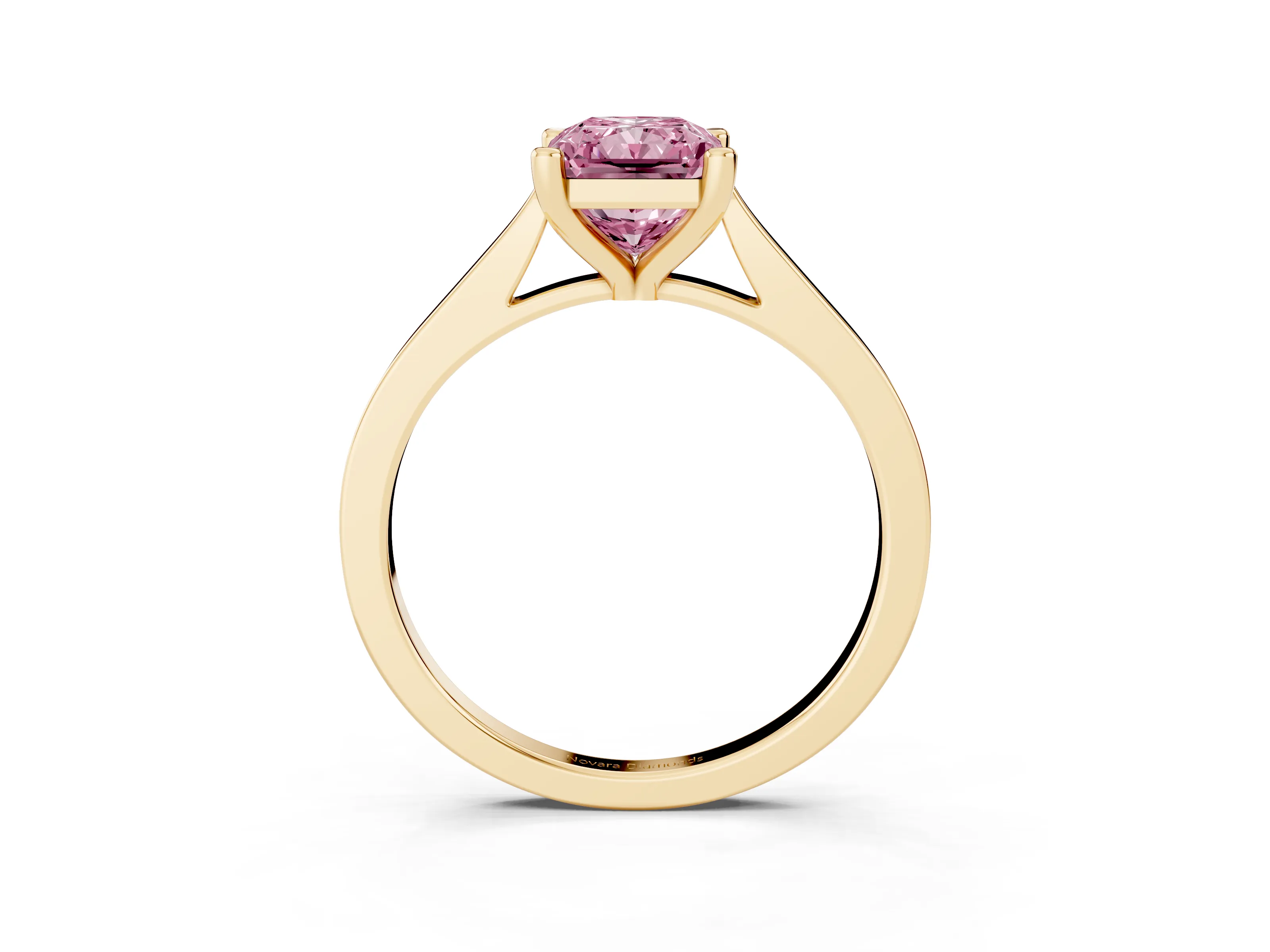 Fancy Pink Radiant Cut Diamond Solitaire Ring Set in Yellow gold with Prong Setting and Tapered Band