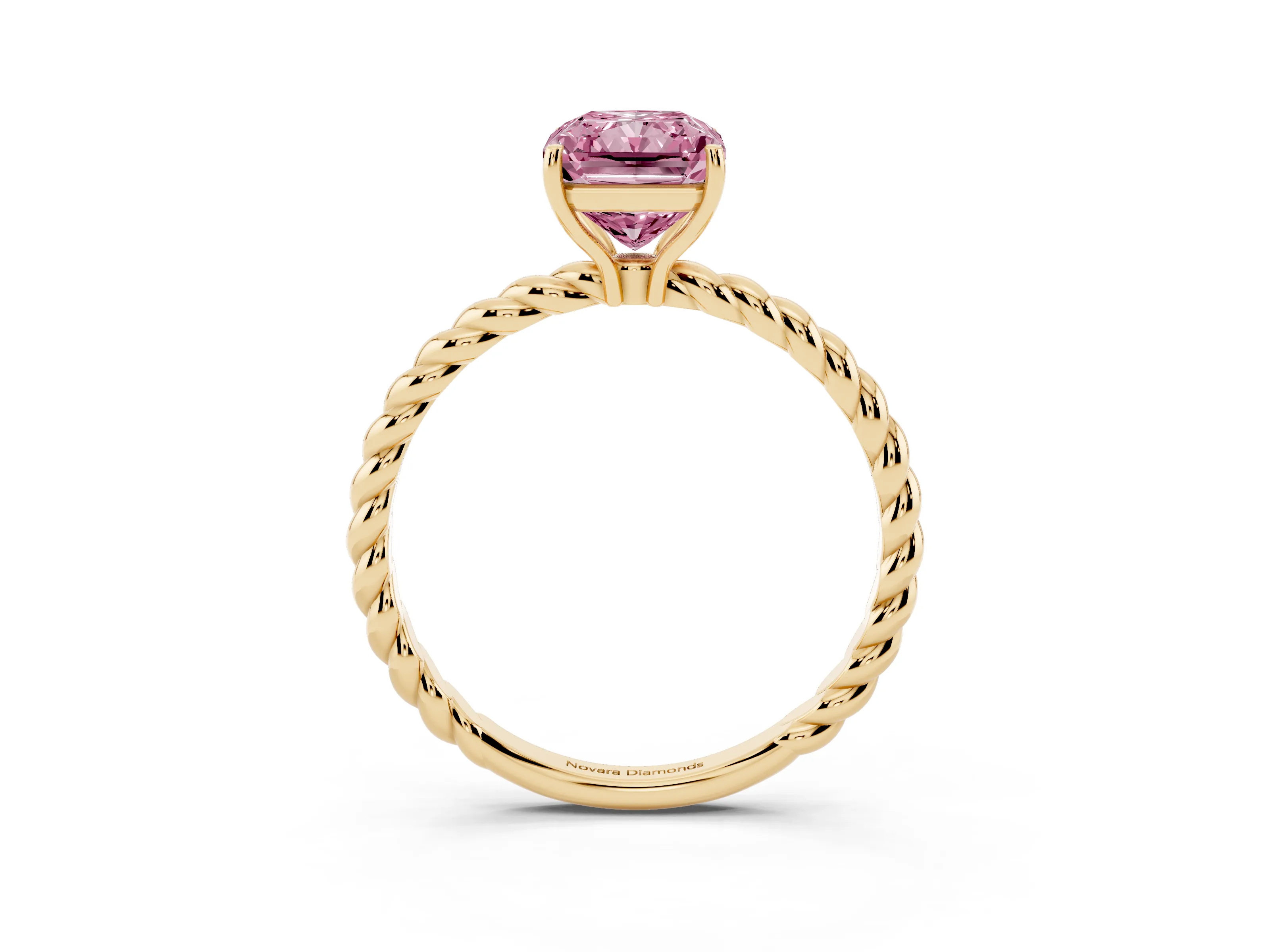 Fancy Pink Radiant Cut Diamond Solitaire Ring Set in Yellow gold with Twist Band and Prong Setting