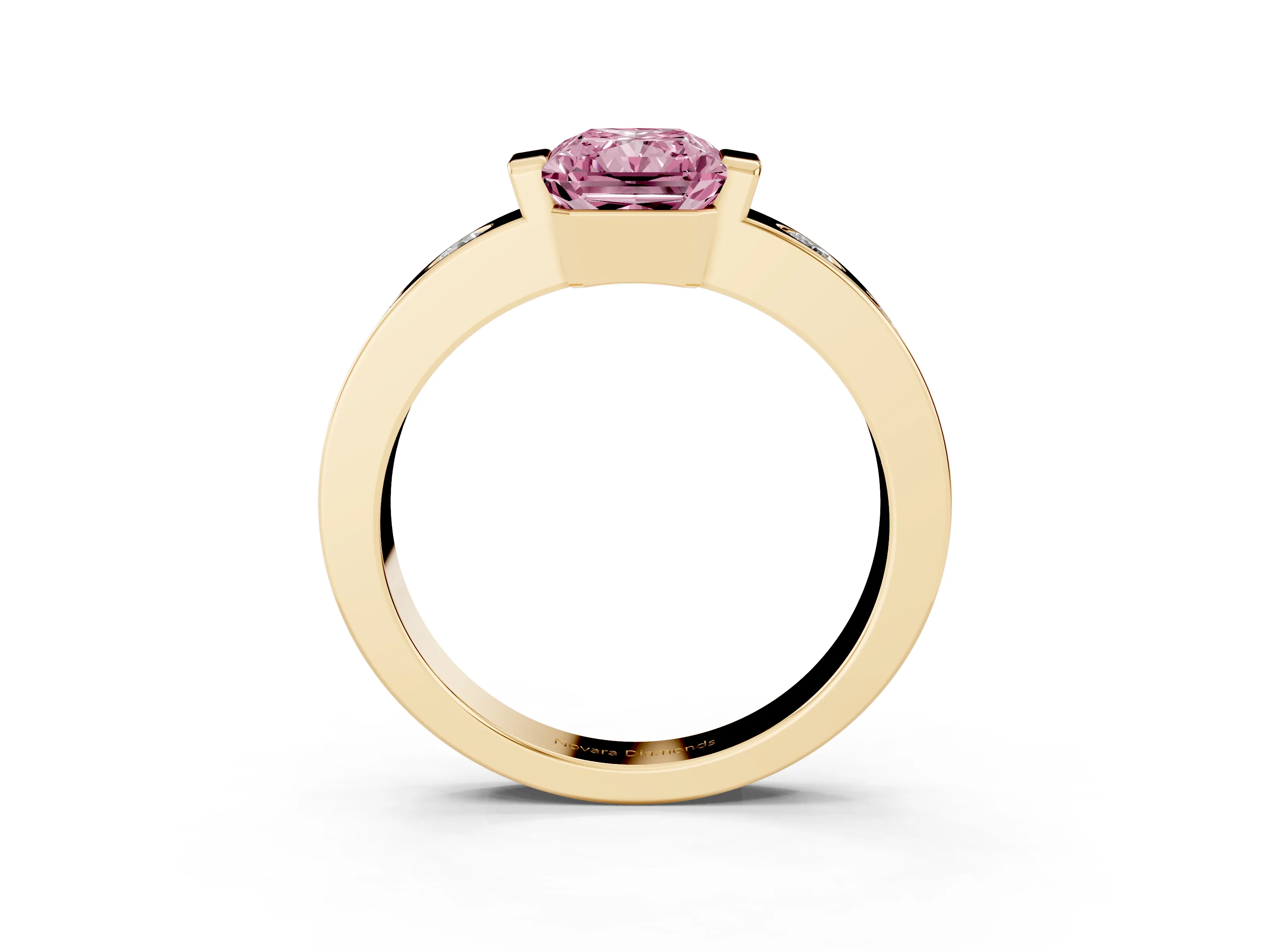 Fancy Pink Radiant Cut Diamond Channel-Set Band Ring Set in Yellow gold with Bezel Prong Setting
