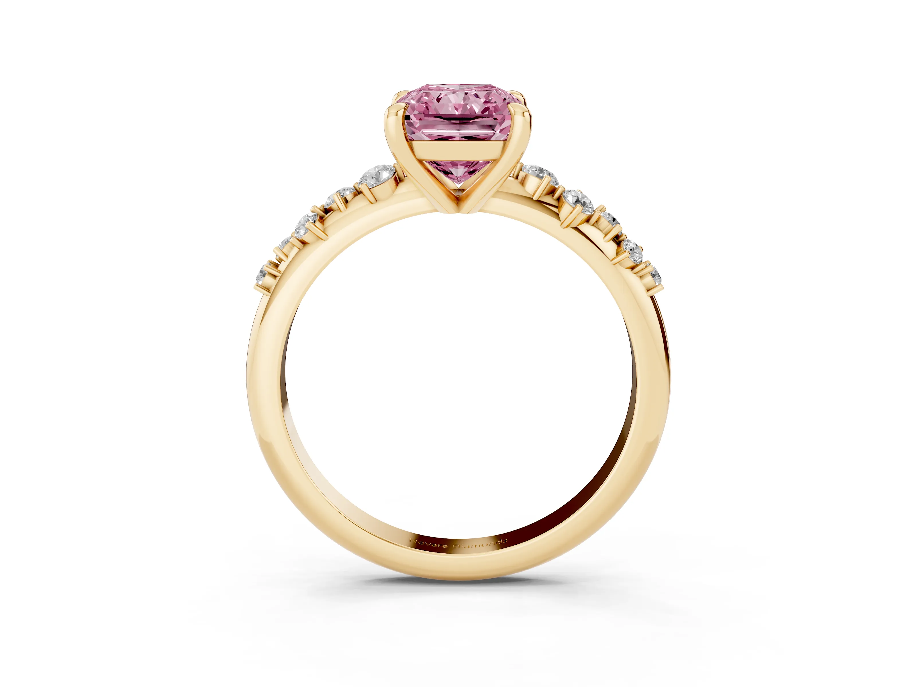Fancy Pink Radiant Cut Diamond Solitaire Vine Band Ring Set in Yellow gold with Round Accents and Prong Setting
