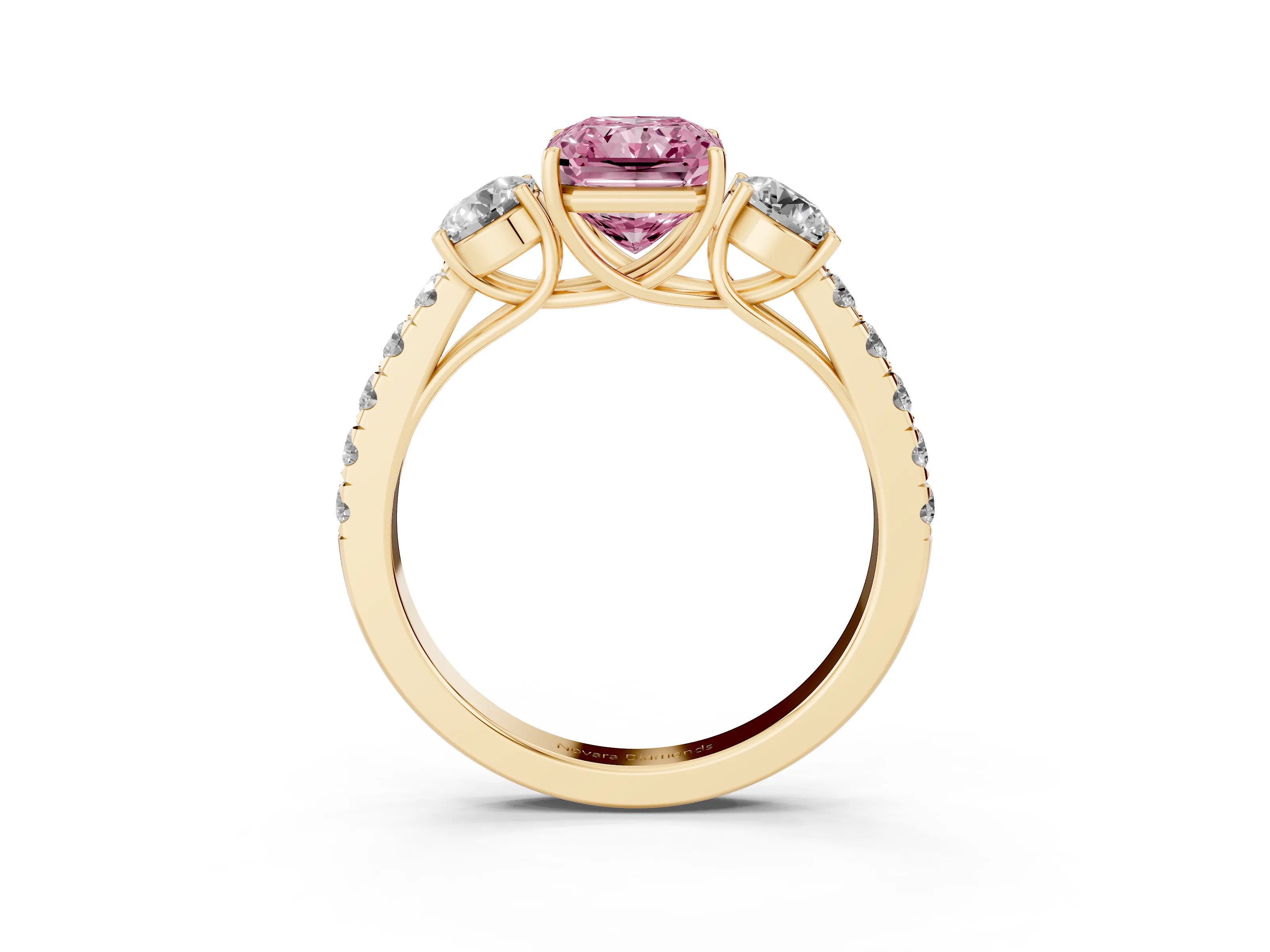 Fancy Pink Radiant Cut Diamond Three-Stone Ring Set in Yellow gold with Round Side Stones and Delicate Pavé Band