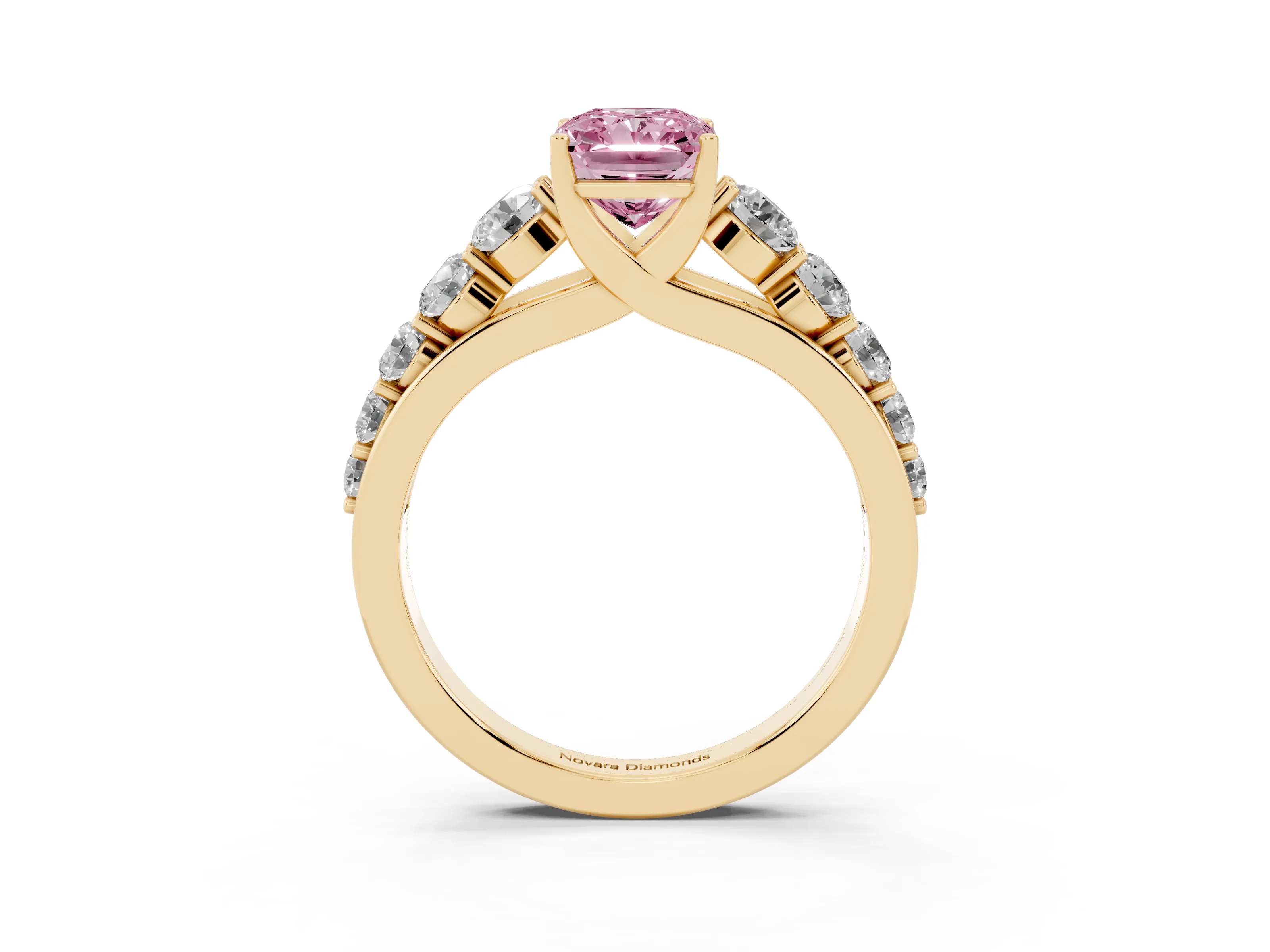 Fancy Pink Radiant Cut Diamond Solitaire Ring Set in Yellow gold with Pavé-Set Band and Prong Setting