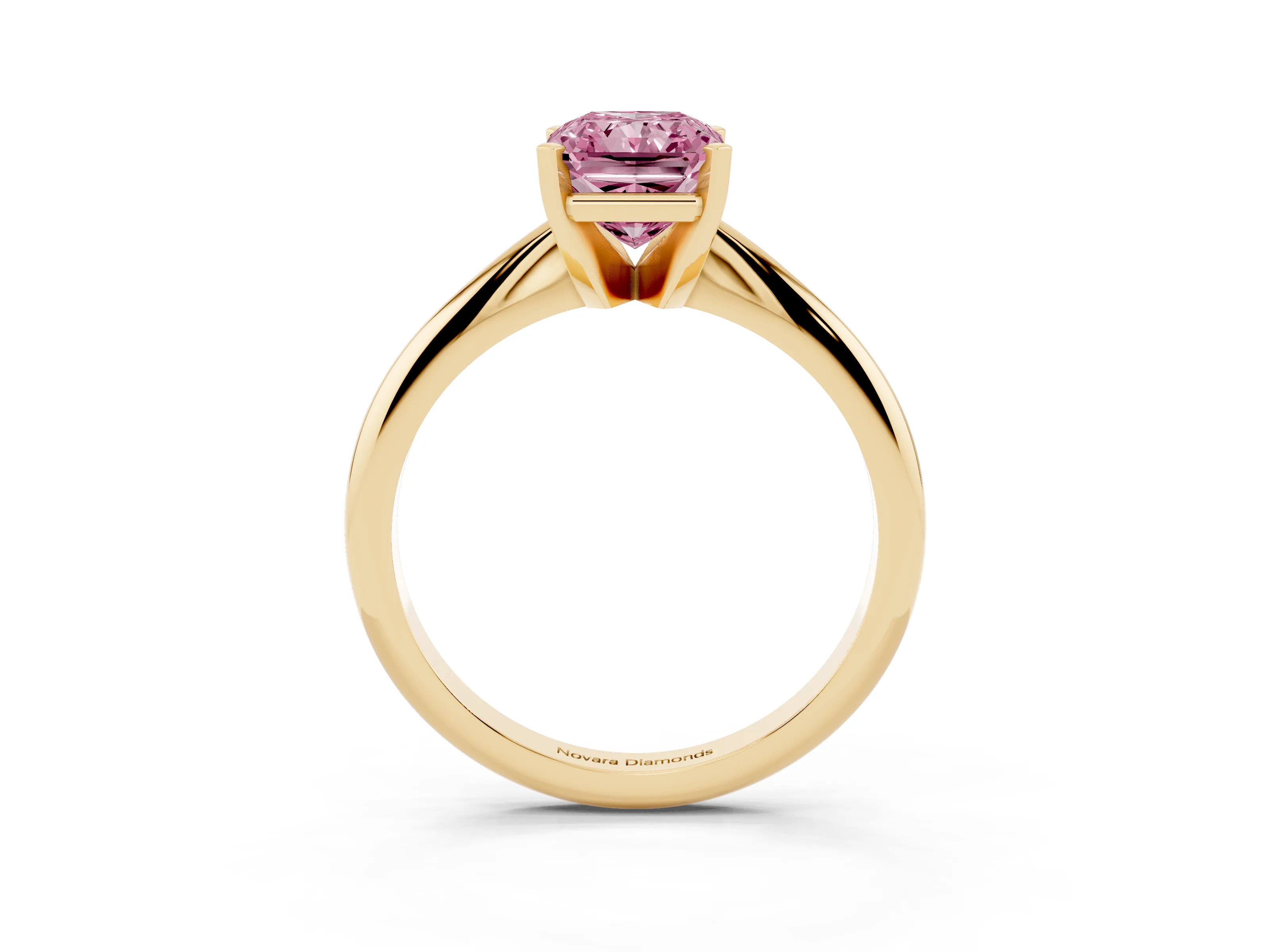 Fancy Pink Radiant Cut Diamond Solitaire Ring Set in Yellow gold with Prong Setting on a Plain Round Band