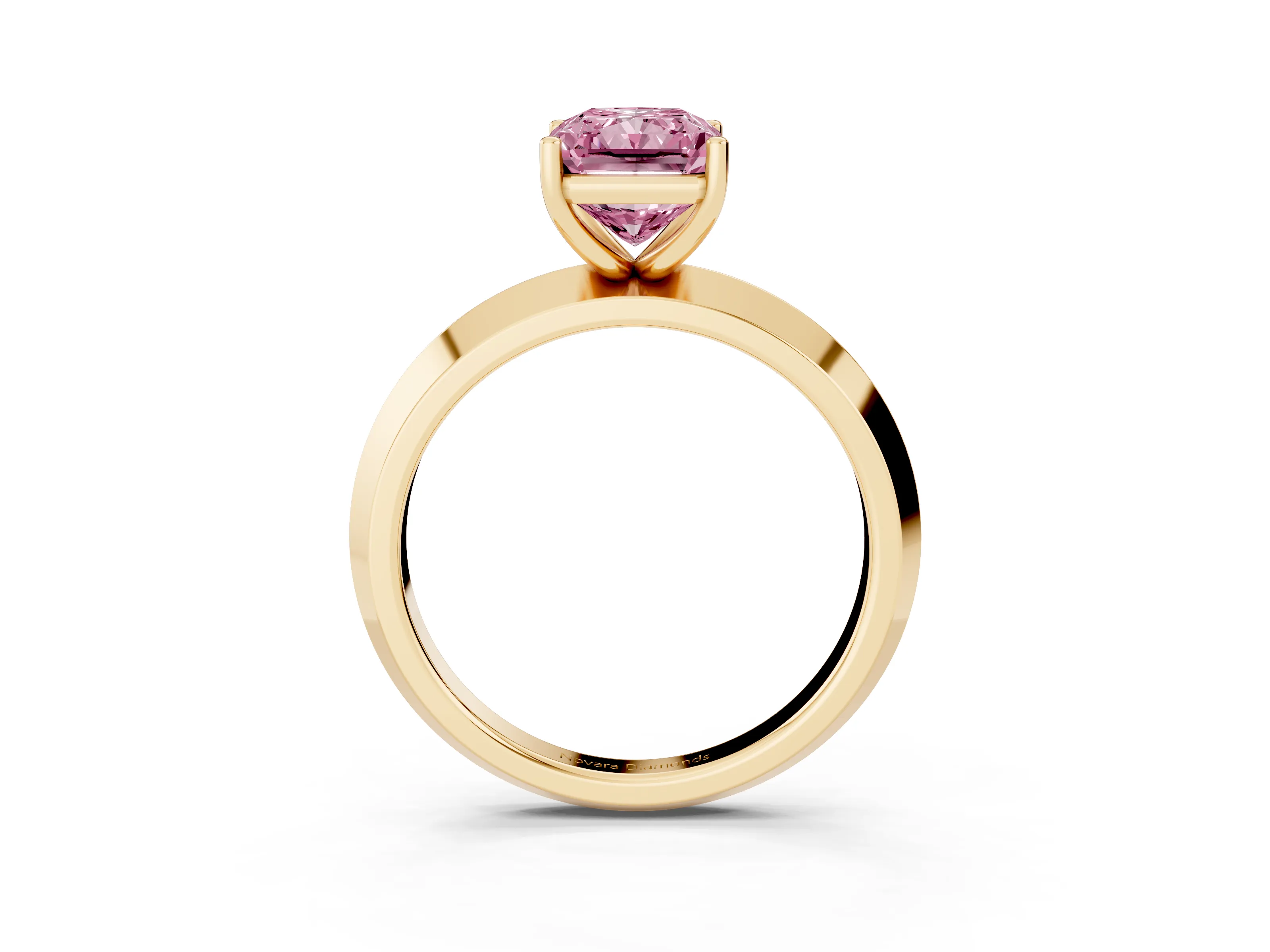 Fancy Pink Radiant Cut Diamond Solitaire Engagement Ring Set in Yellow gold with Flat Band and Prong Setting