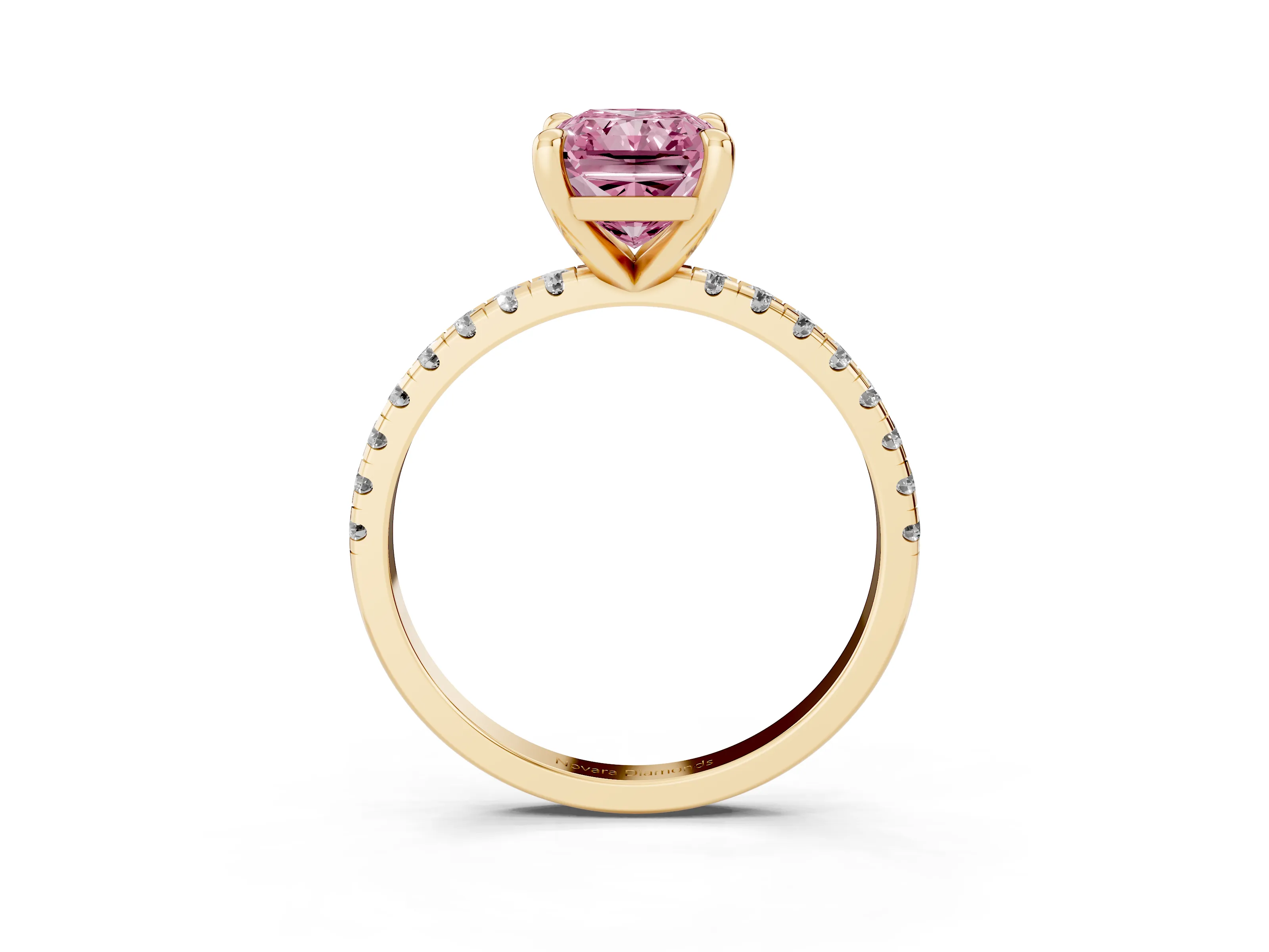 Fancy Pink Radiant Cut Diamond Brilliant Solitaire Ring Set in Yellow gold with Pavé Band and Prong Setting