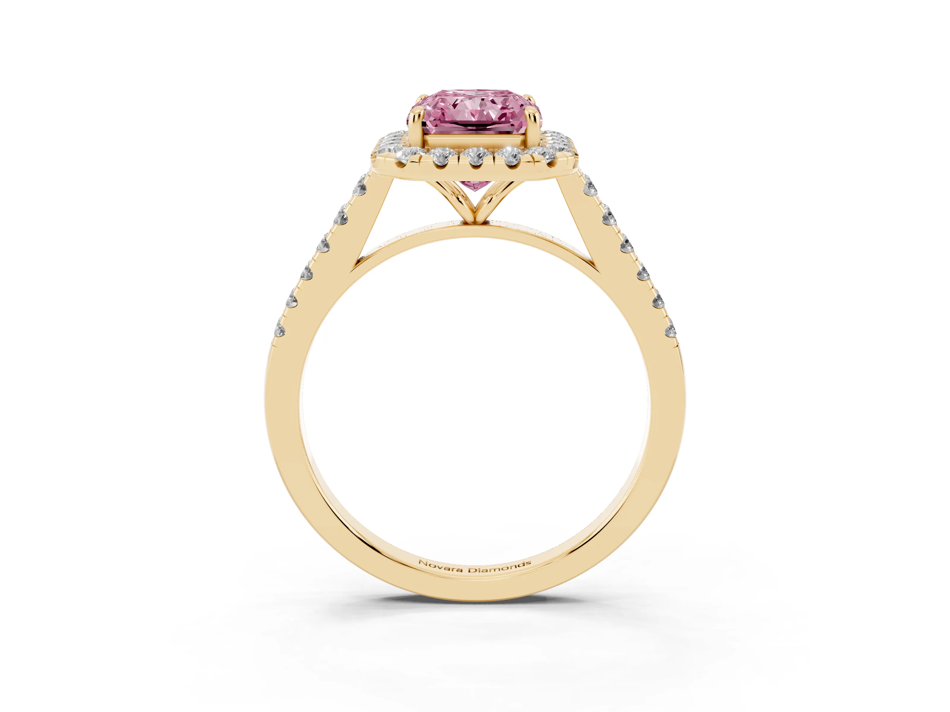Fancy Pink Radiant Cut Diamond Halo Pavé Engagement Ring Set in Yellow gold with Prong Setting