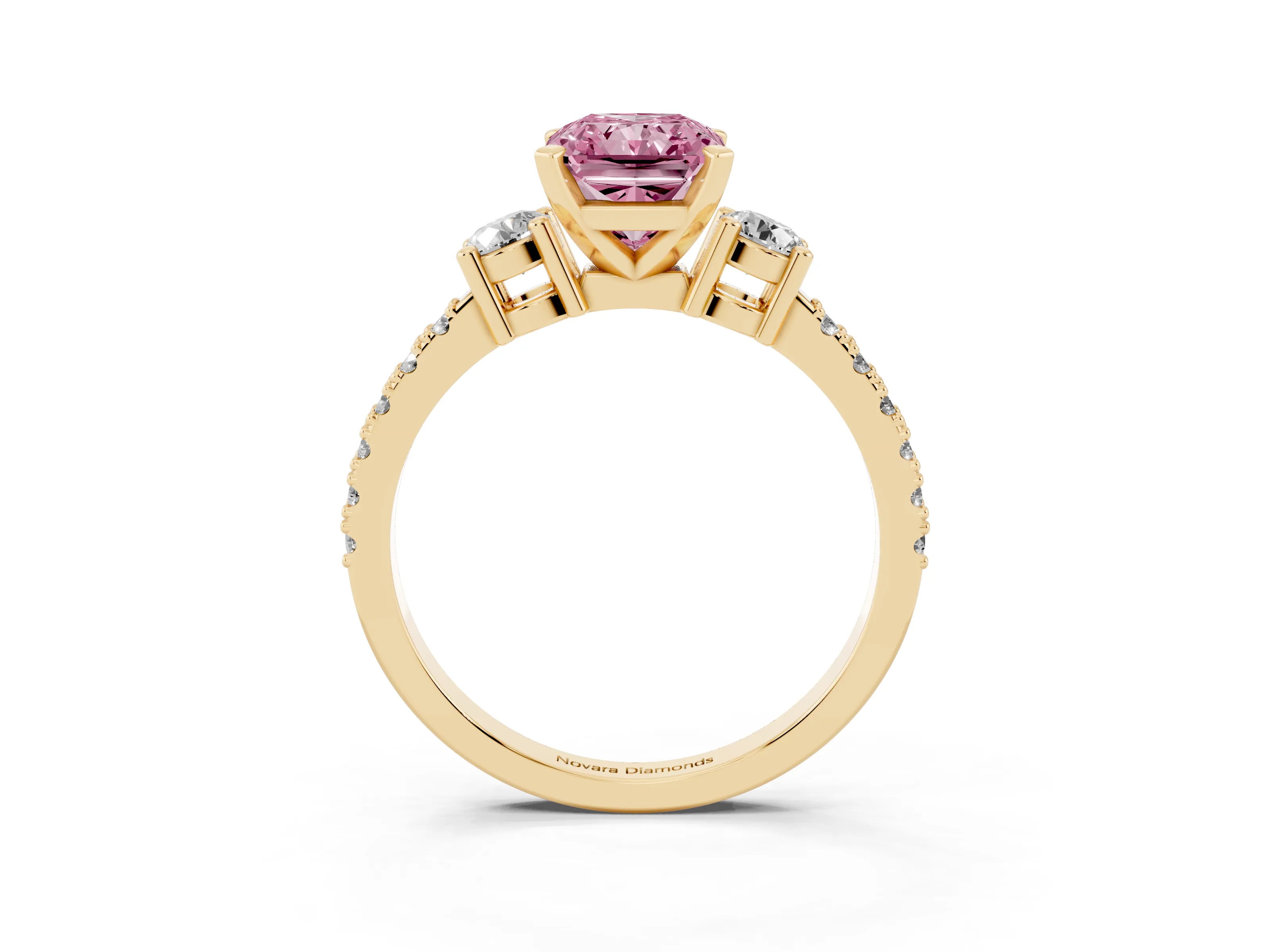 Fancy Pink Three-Stone Radiant Cut Diamond Pavé Band Ring Set in Yellow gold with Prong Setting