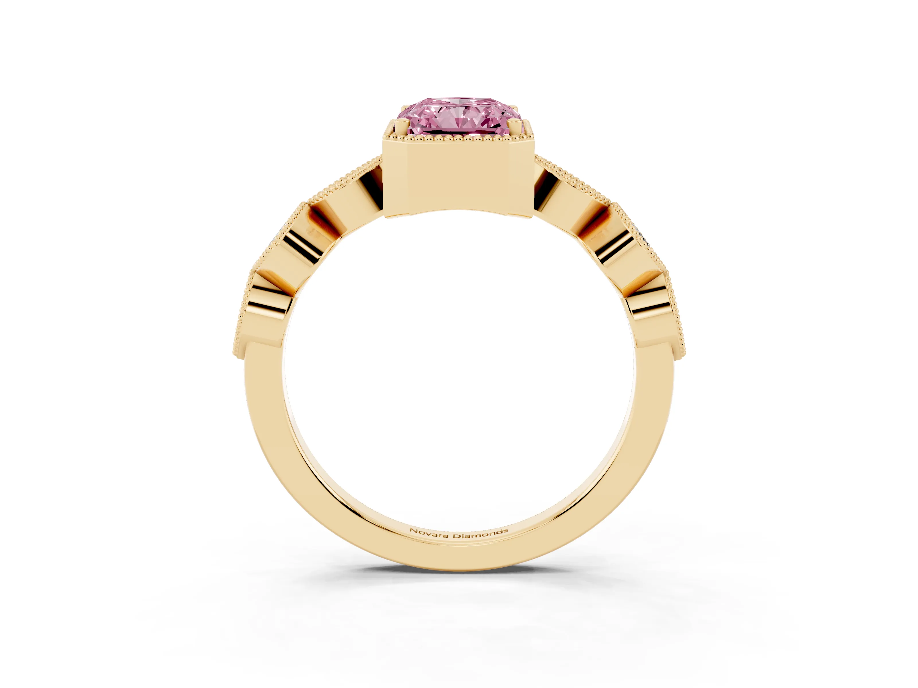Fancy Pink Radiant Cut Diamond Vintage-Inspired Milgrain Ring Set in Yellow gold with Marquise Stations of Round Accents