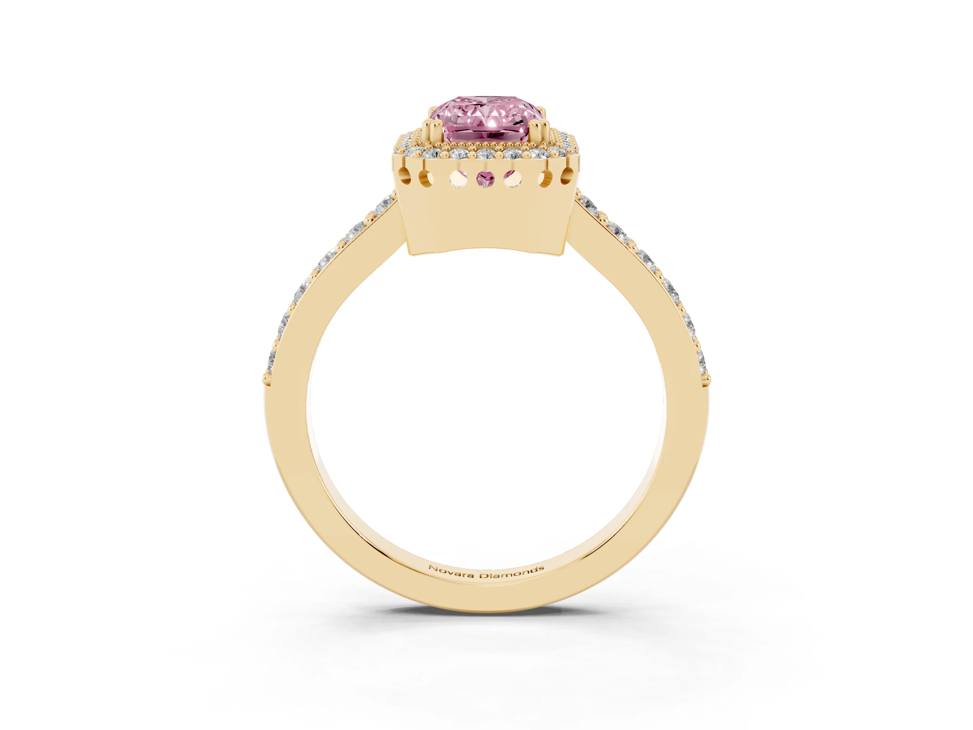 Fancy Pink Radiant Cut Diamond Halo Engagement Ring Set in Yellow gold with Milgrain Detail and Pavé Band