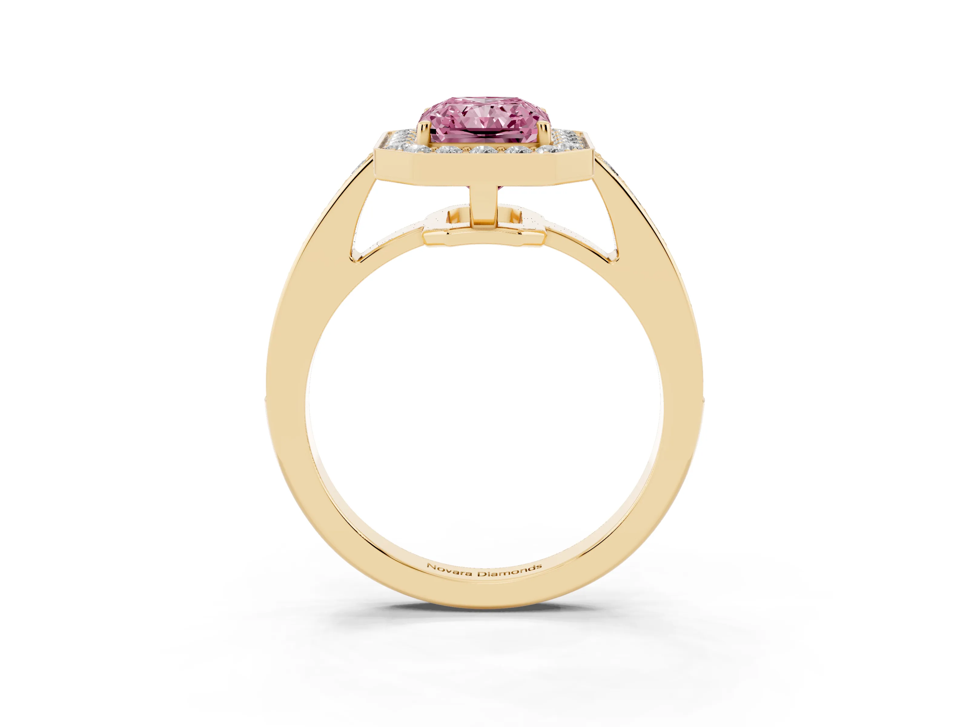Fancy Pink Radiant Cut Diamond Halo Pavé Engagement Ring Set in Yellow gold with Bezel Setting