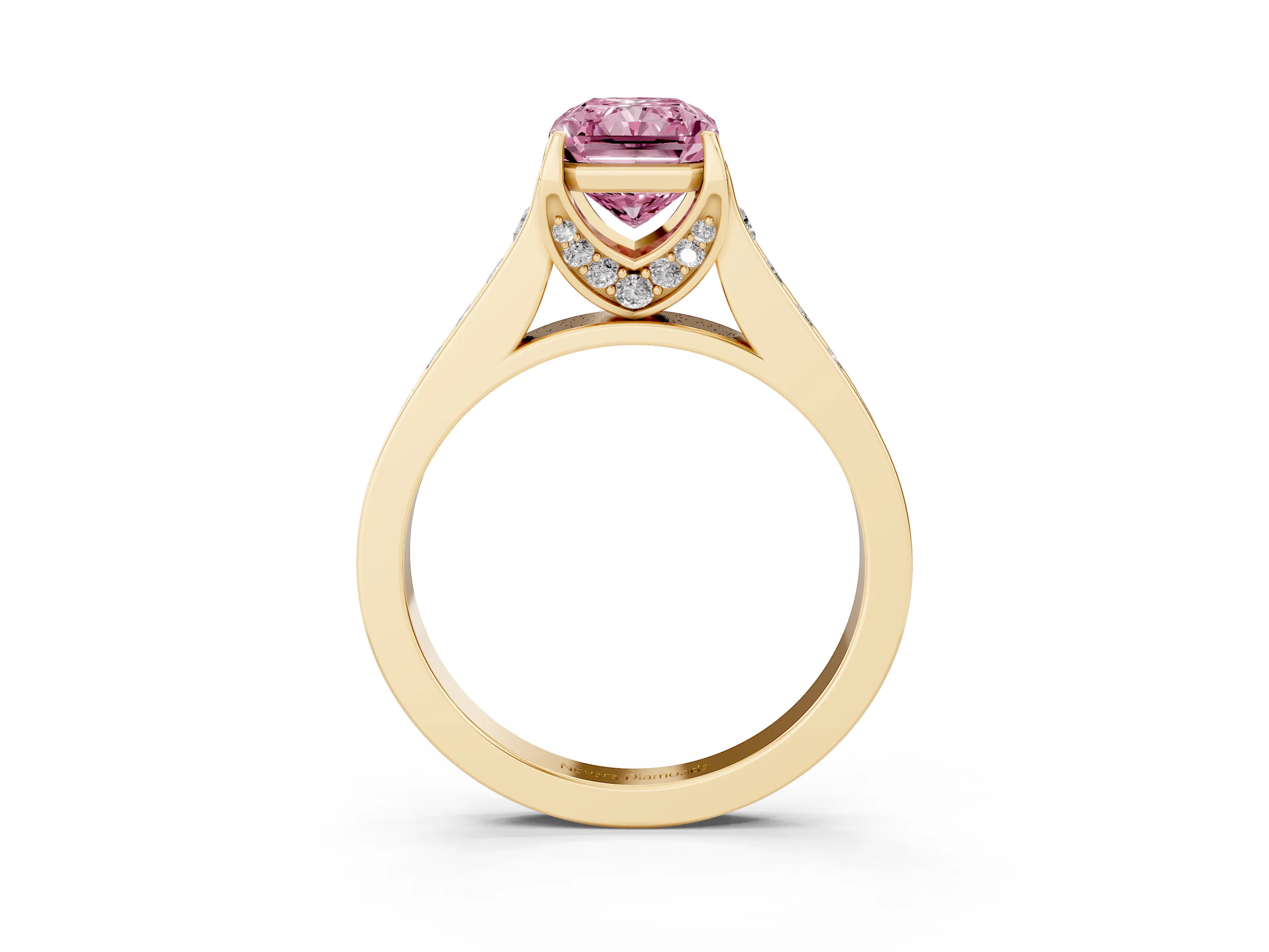 Fancy Pink Radiant Cut Diamond Solitaire Pavé Engagement Ring Set in Yellow gold with Prong Setting