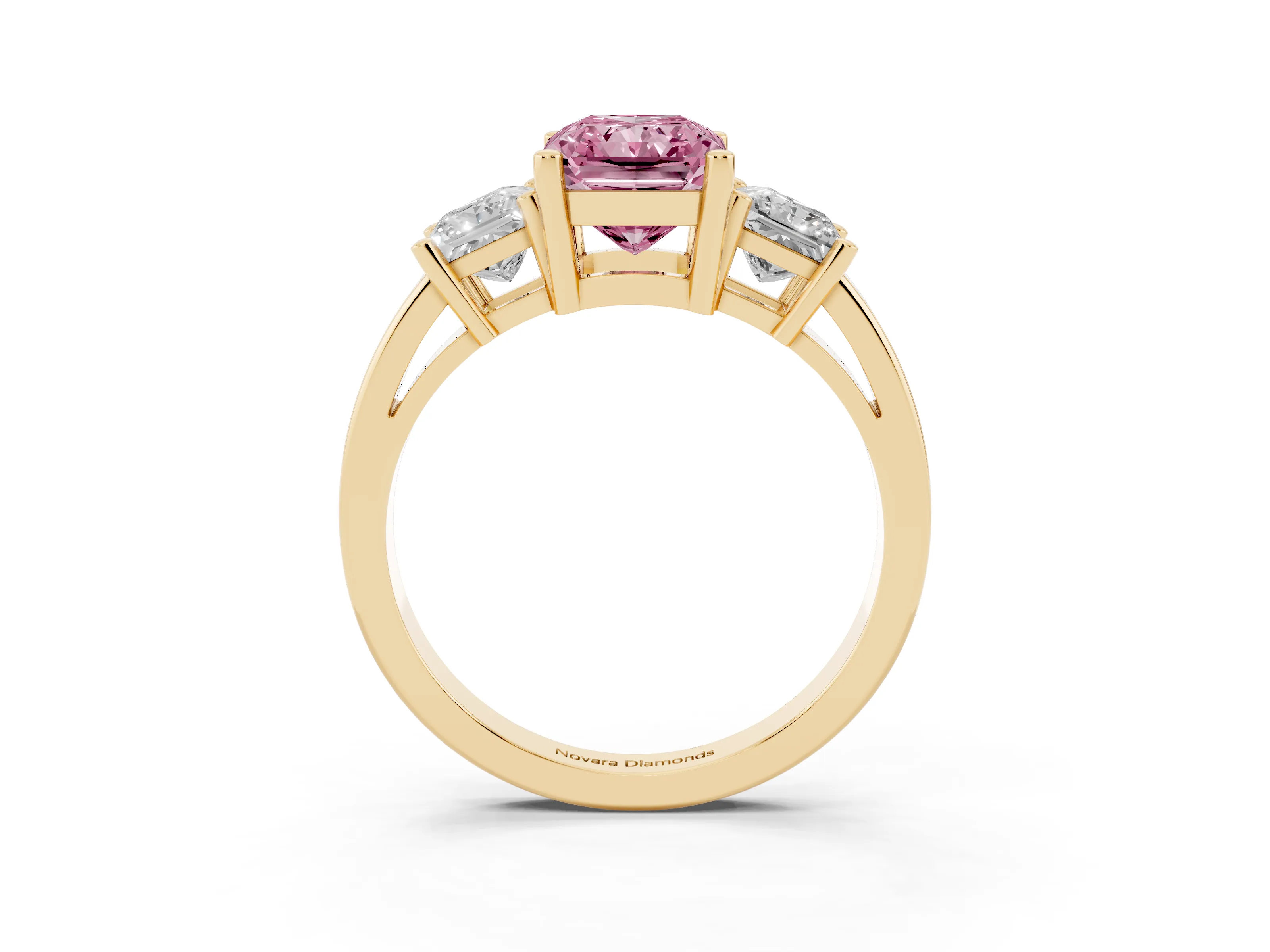 Fancy Pink Three-Stone Radiant Cut Diamond Solitaire Ring Set in Yellow gold with Prong Setting