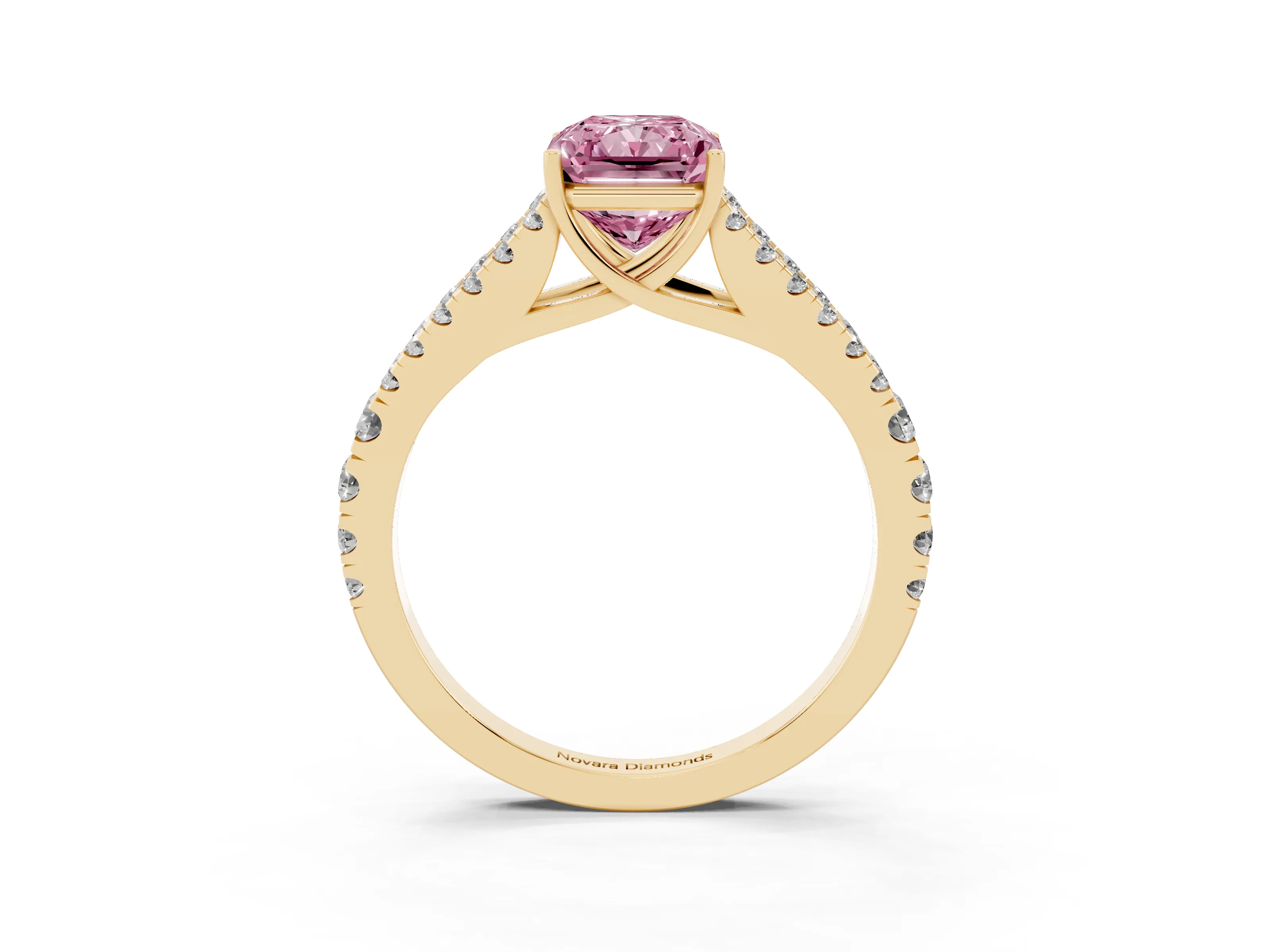Fancy Pink Radiant Cut Diamond Split Shank Pavé Engagement Ring Set in Yellow gold with Prong-Held Center Stone