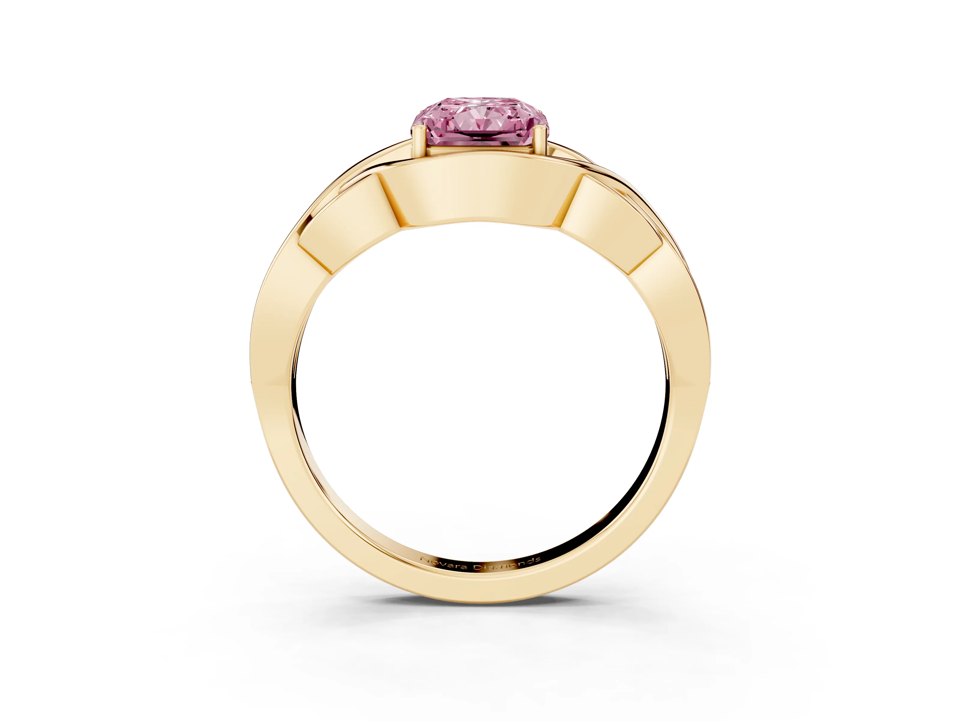 Fancy Pink Radiant Cut Diamond Solitaire Ring Set in Yellow gold with Intertwined Band