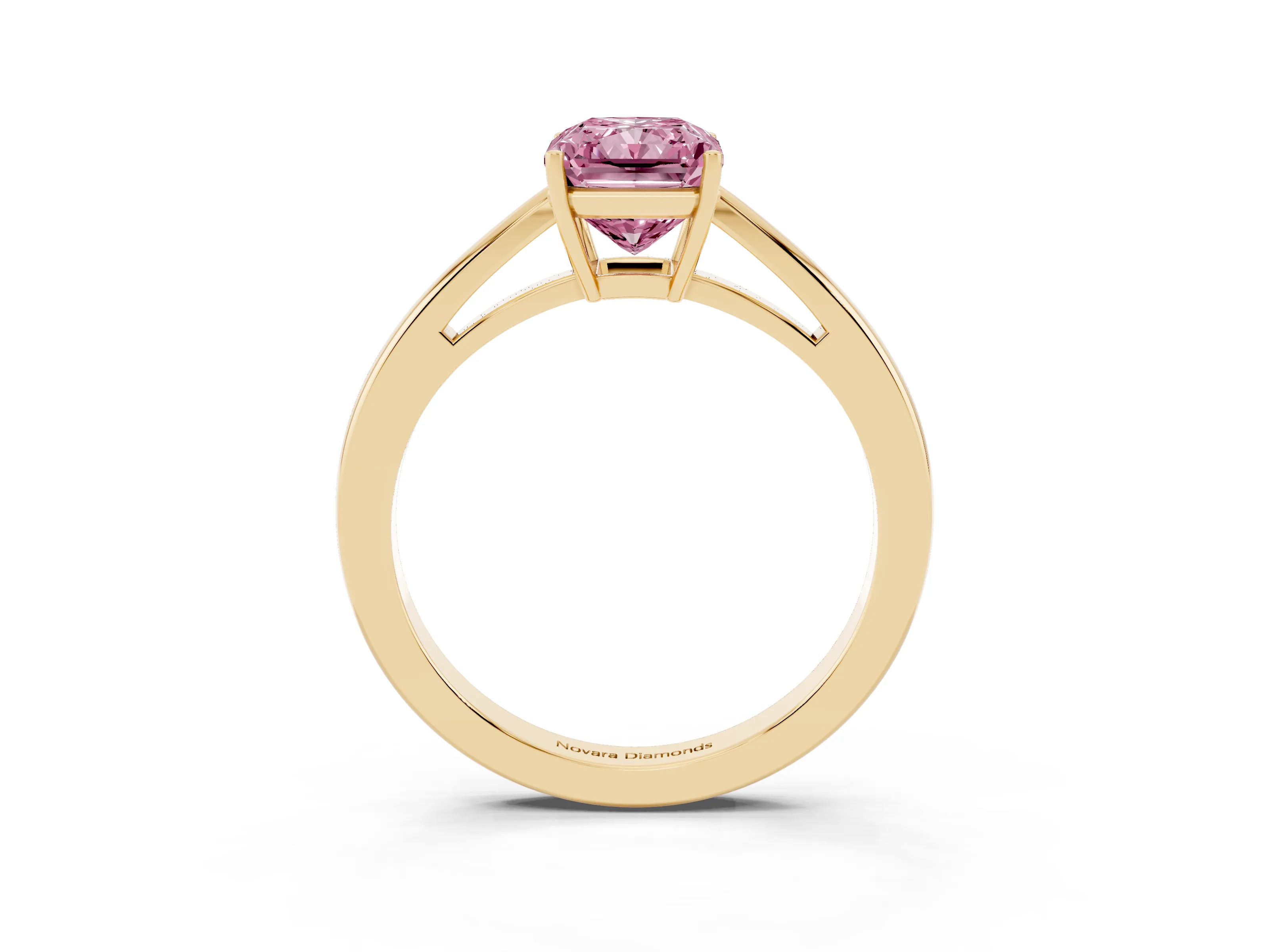 Fancy Pink Radiant Cut Diamond Solitaire Ring Set in Yellow gold with Split Shank and Prong Setting