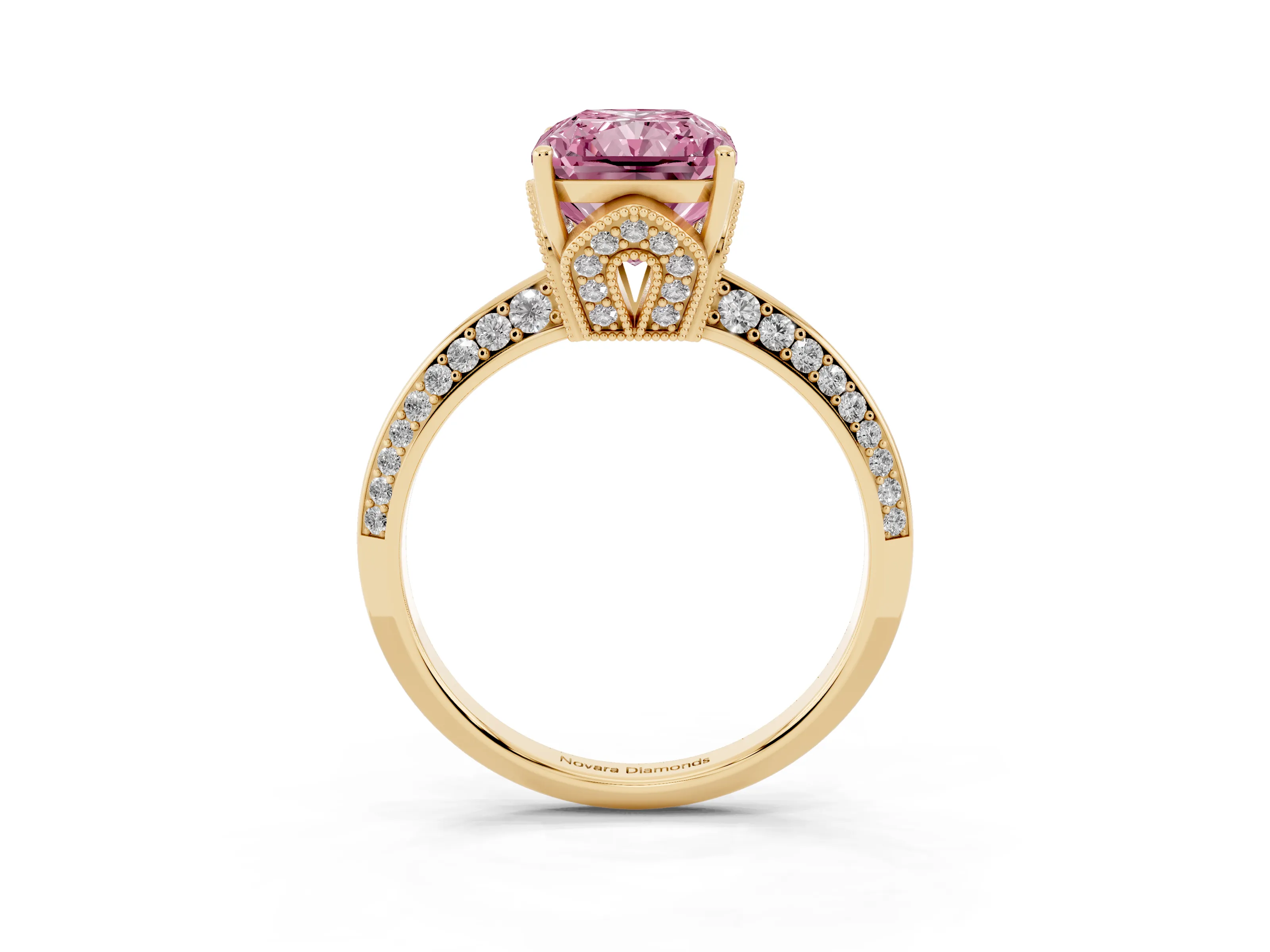 Fancy Pink Radiant Cut Diamond Solitaire Engagement Ring Set in Yellow gold with Pavé Split Shank and Prong Setting