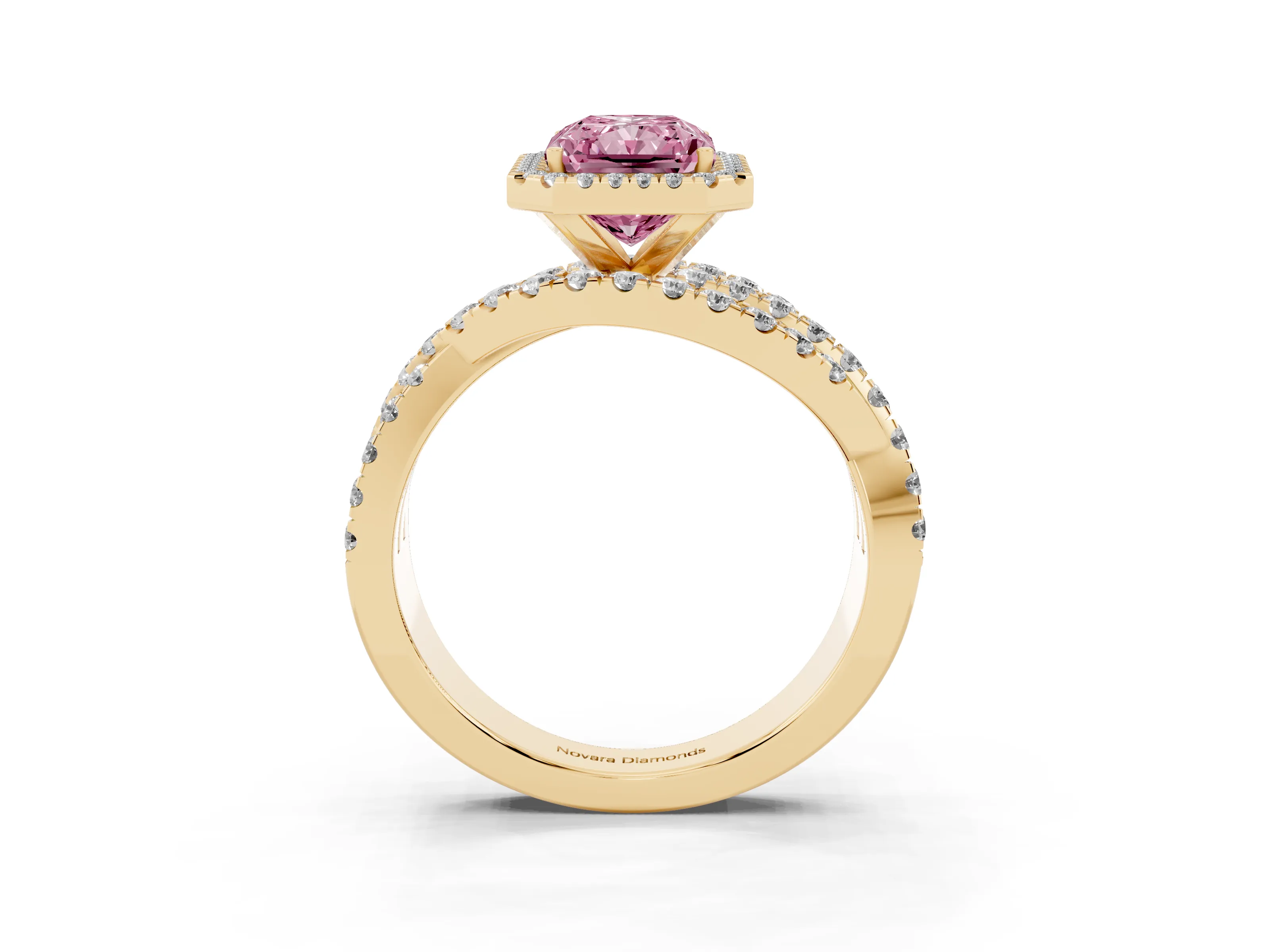 Fancy Pink Radiant Cut Diamond Halo Ring Set in Yellow gold with Round Crossover Split Shank and Prong Setting