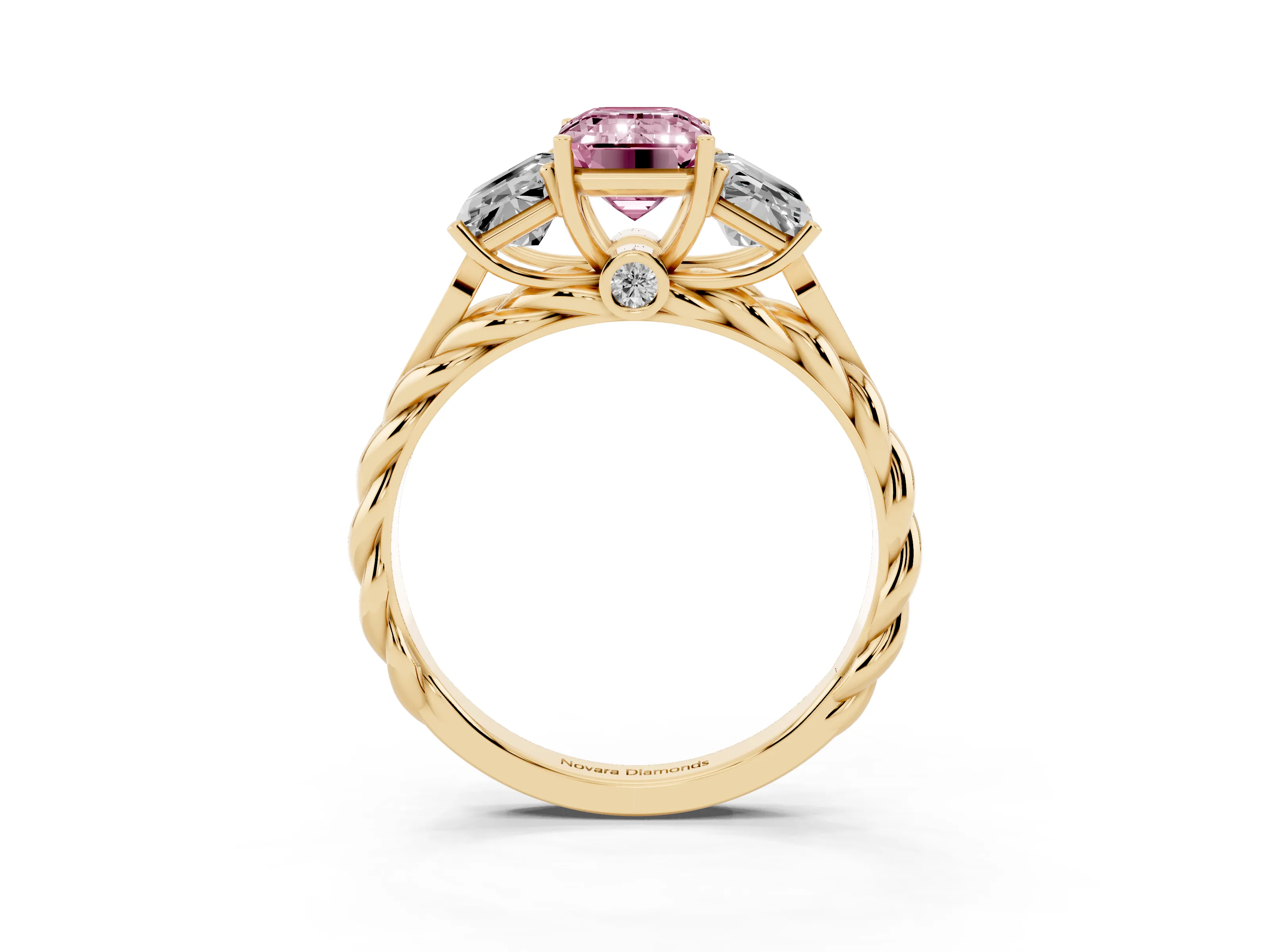 Fancy Pink Radiant Cut Diamond Three-Stone Ring Set in Yellow gold with Braided Band