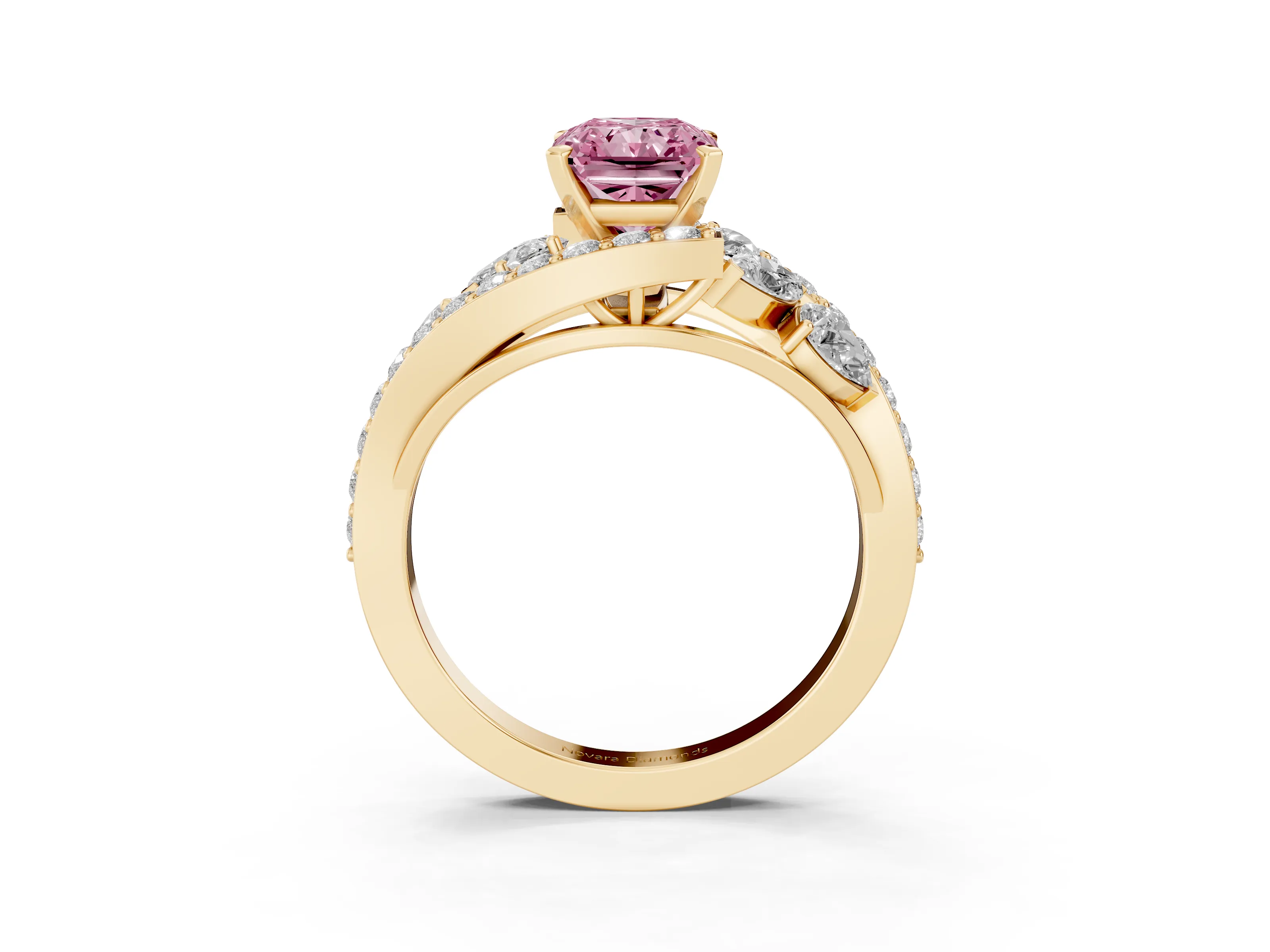 Fancy Pink Radiant Cut Diamond Halo Ring Set in Yellow gold with Marquise and Pavé Band in Prong Setting