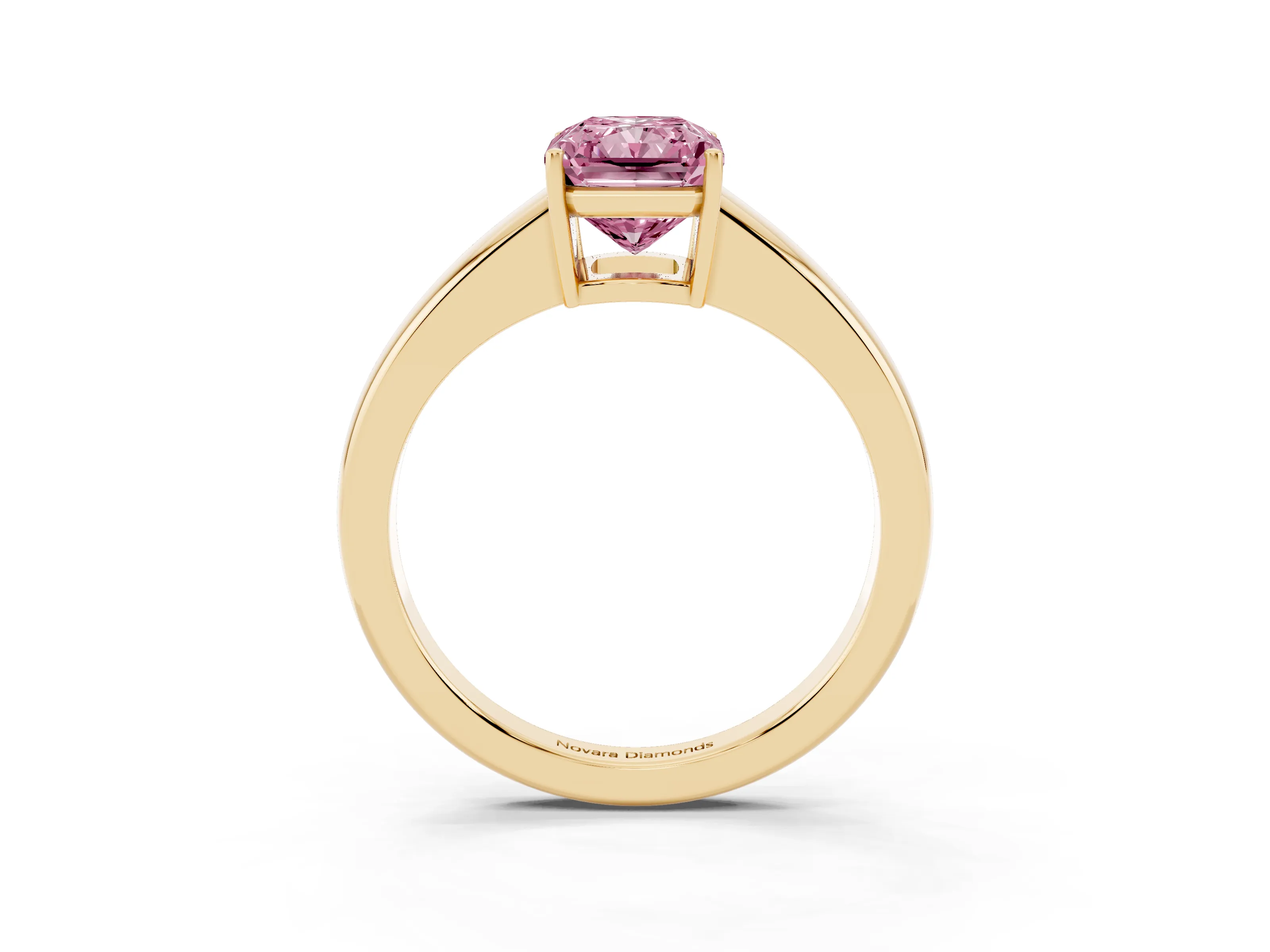 Fancy Pink Radiant Cut Diamond Solitaire Ring Set in Yellow gold with Tapered Band and Prong Setting