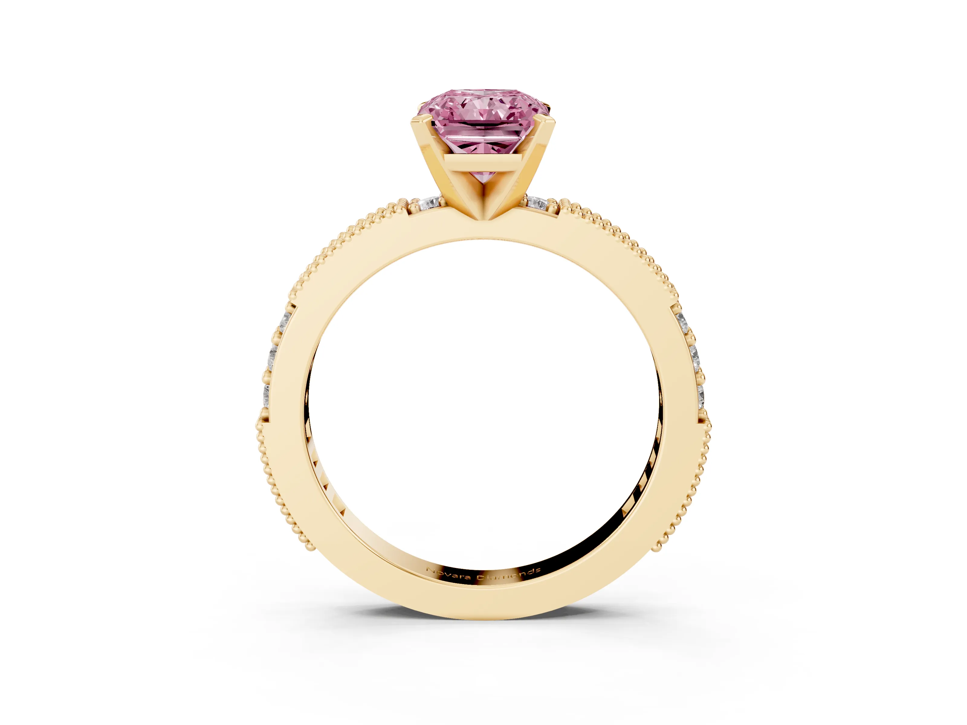 Fancy Pink Radiant Cut Diamond Solitaire Ring Set in Yellow gold with Slim Pavé Band and Prong Setting
