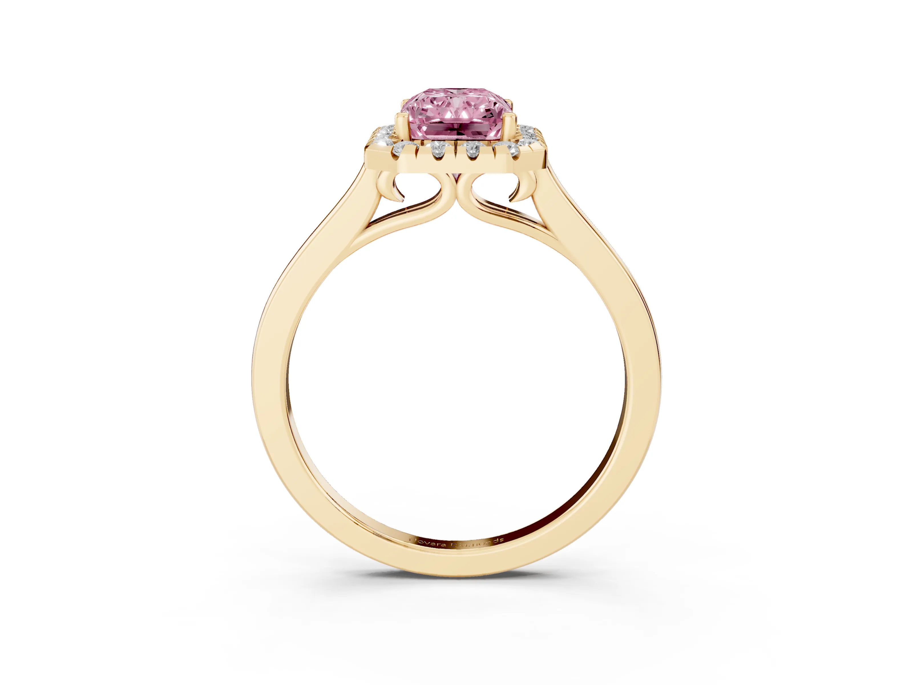 Fancy Pink Radiant Cut Halo Round Diamond Solitaire Ring Set in Yellow gold with Pavé Band and Prong Setting