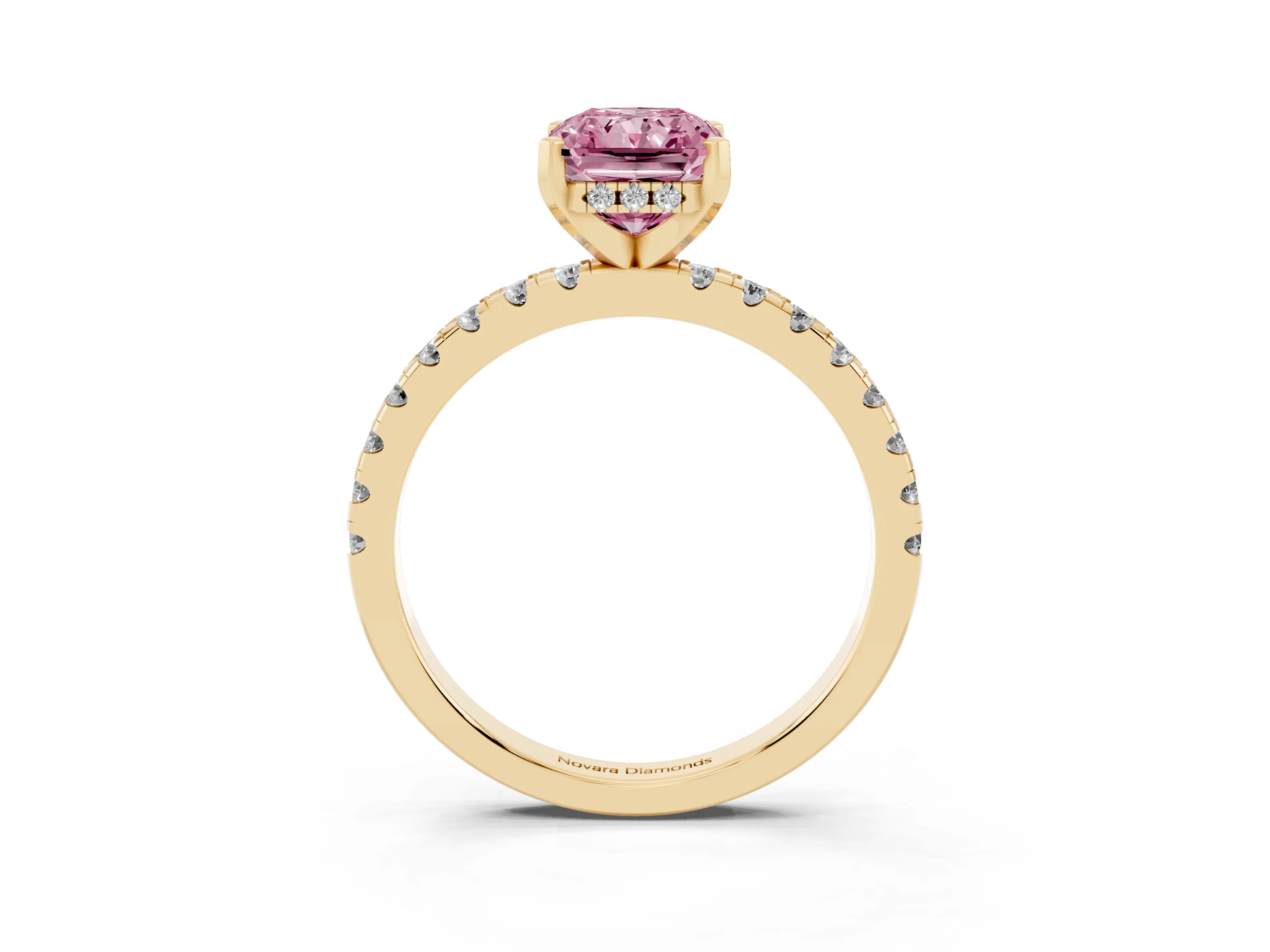 Fancy Pink Radiant Cut Diamond Pavé Solitaire Ring Set in Yellow gold with Round Band Accents and Prong Setting