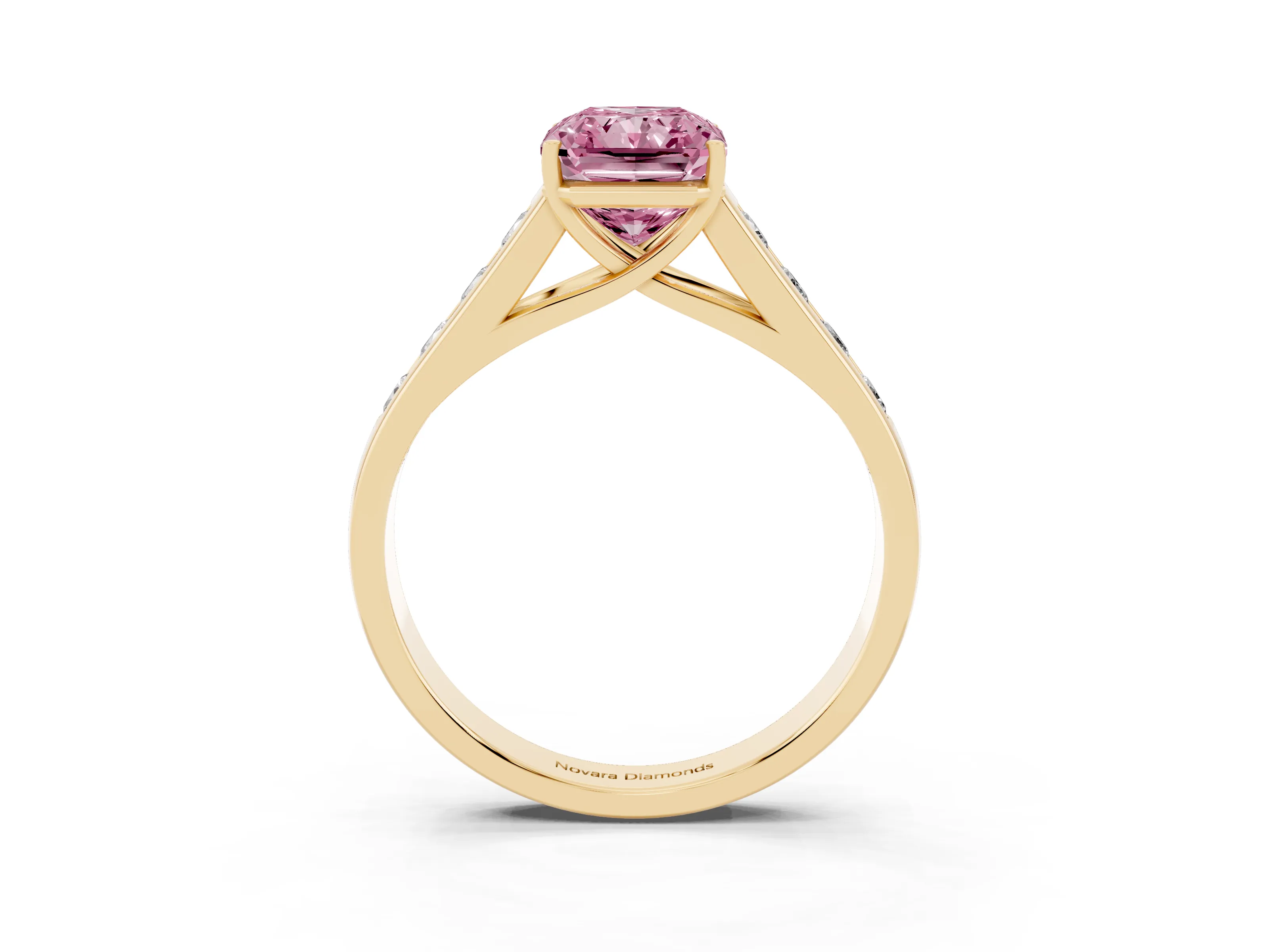 Fancy Pink Radiant Cut Diamond Brilliant Channel-Set Solitaire Ring Set in Yellow gold with Prong Setting