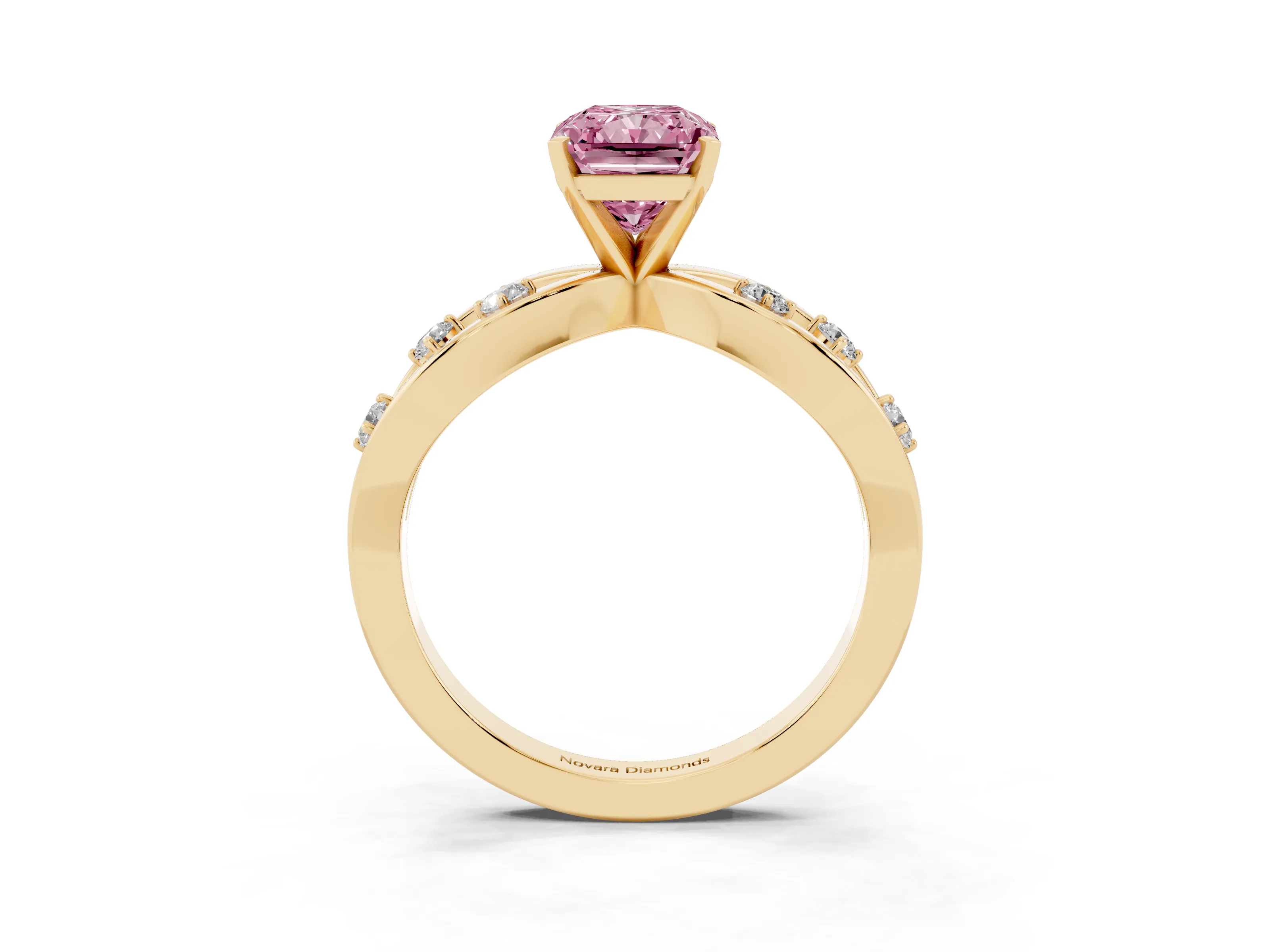 Fancy Pink Radiant Cut Diamond Solitaire Ring Set in Yellow gold with Side Stones on Criss-Cross Band and Prong Setting