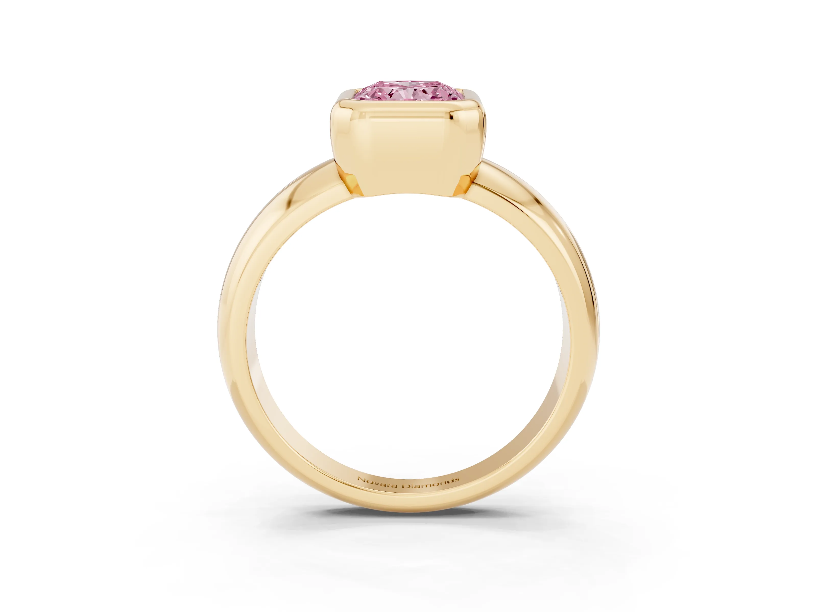Fancy Pink Bezel Set Radiant Cut Diamond Solitaire Ring Set in Yellow gold with Wide Band