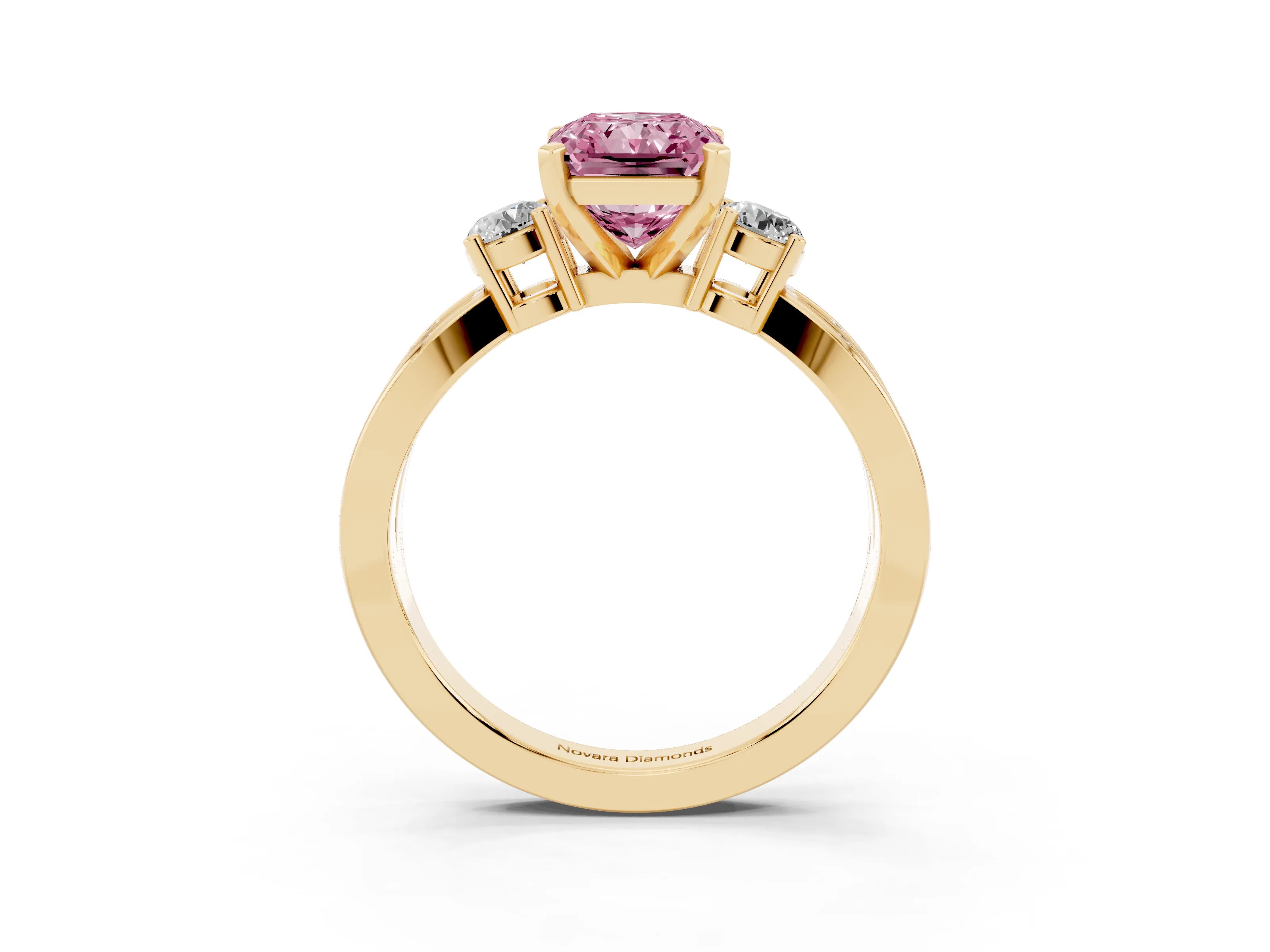 Fancy Pink Three-Stone Radiant Cut Diamond Twist Band Ring Set in Yellow gold with Pavé Accents and Prong Setting