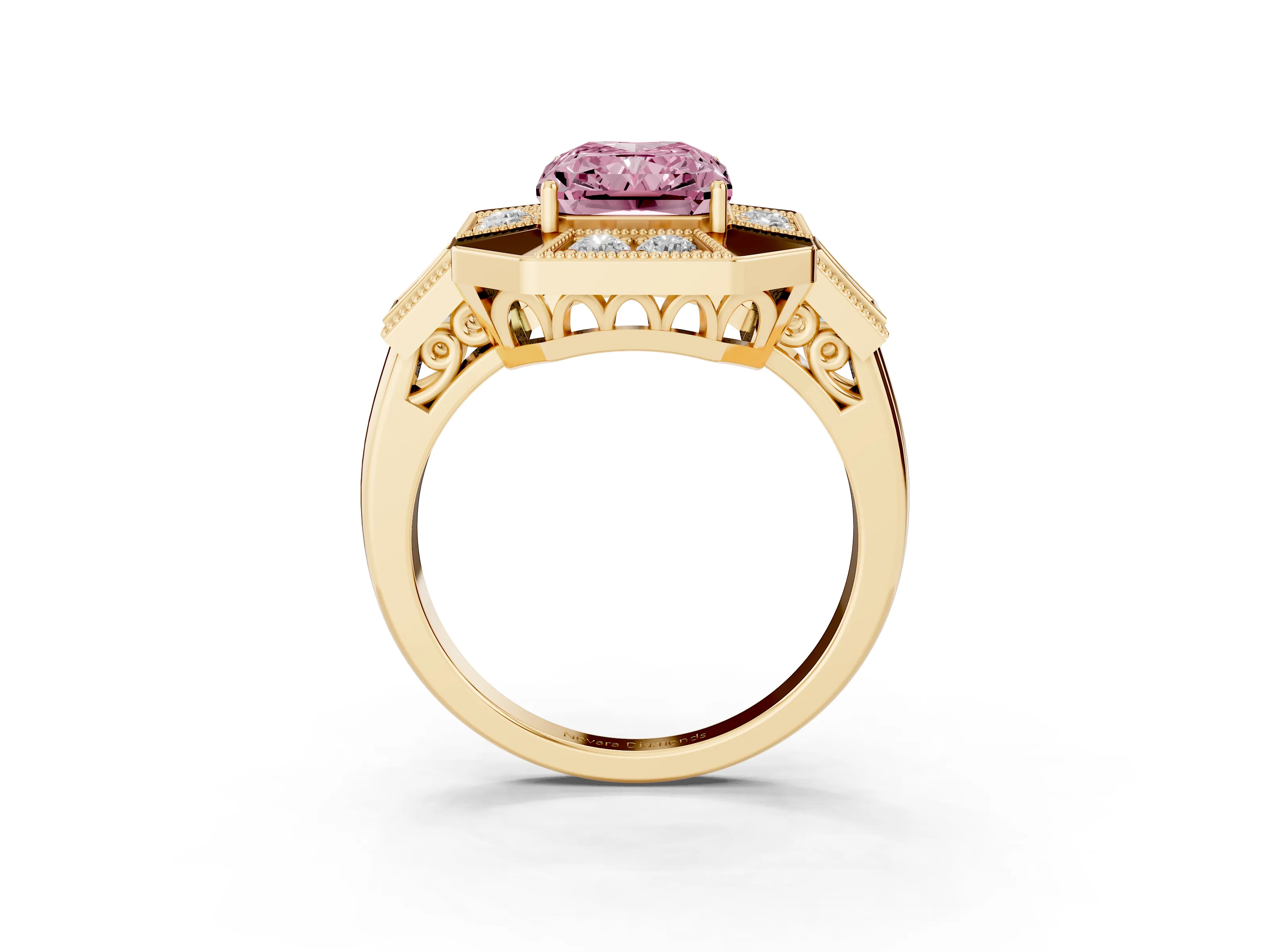 Fancy Pink Radiant Cut Diamond Milgrain Halo Ring Set in Yellow gold with Split Shank