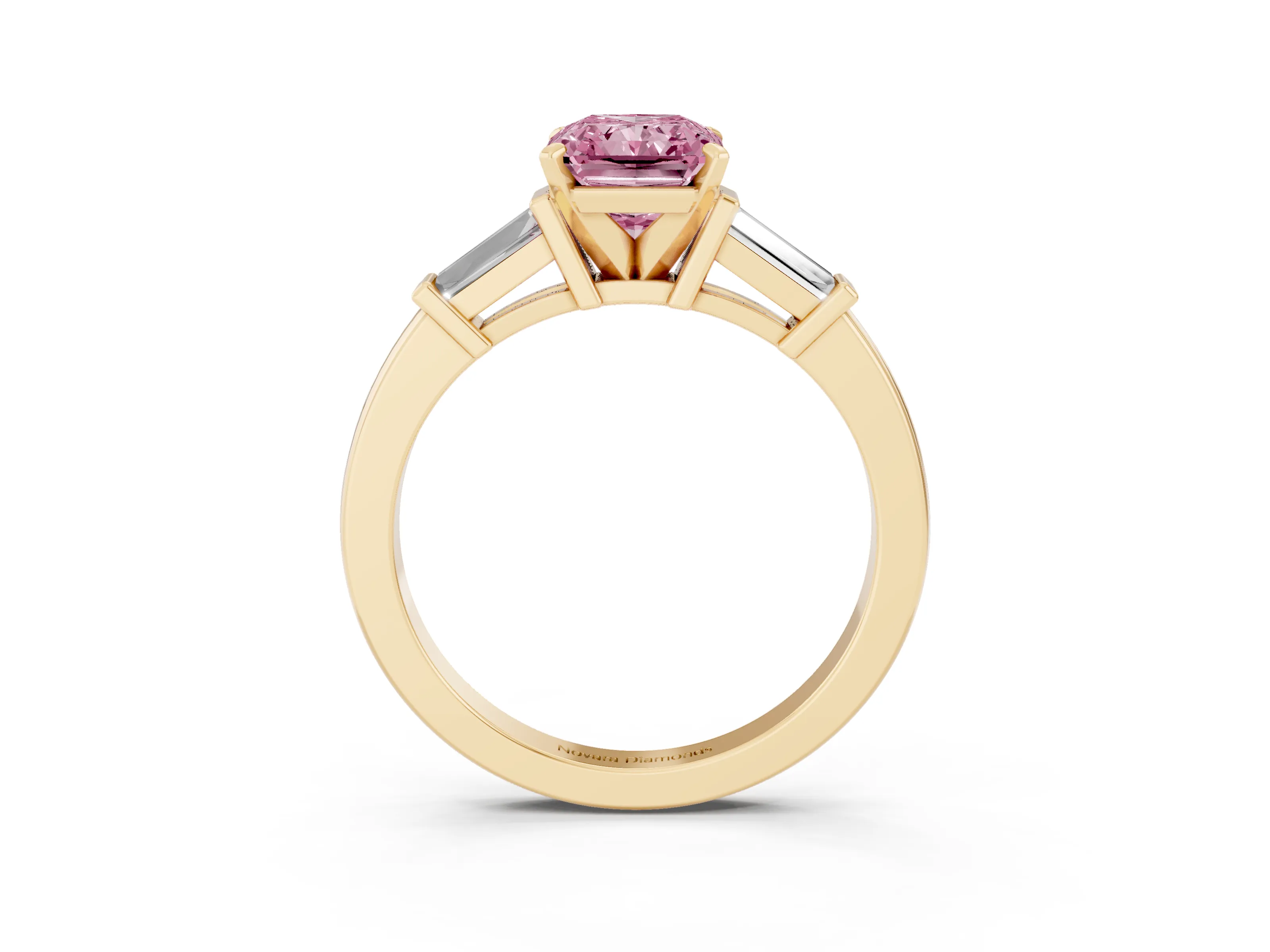 Fancy Pink Radiant Cut Diamond Solitaire Ring Set in Yellow gold with Tapered Baguette Accents and Prong Setting