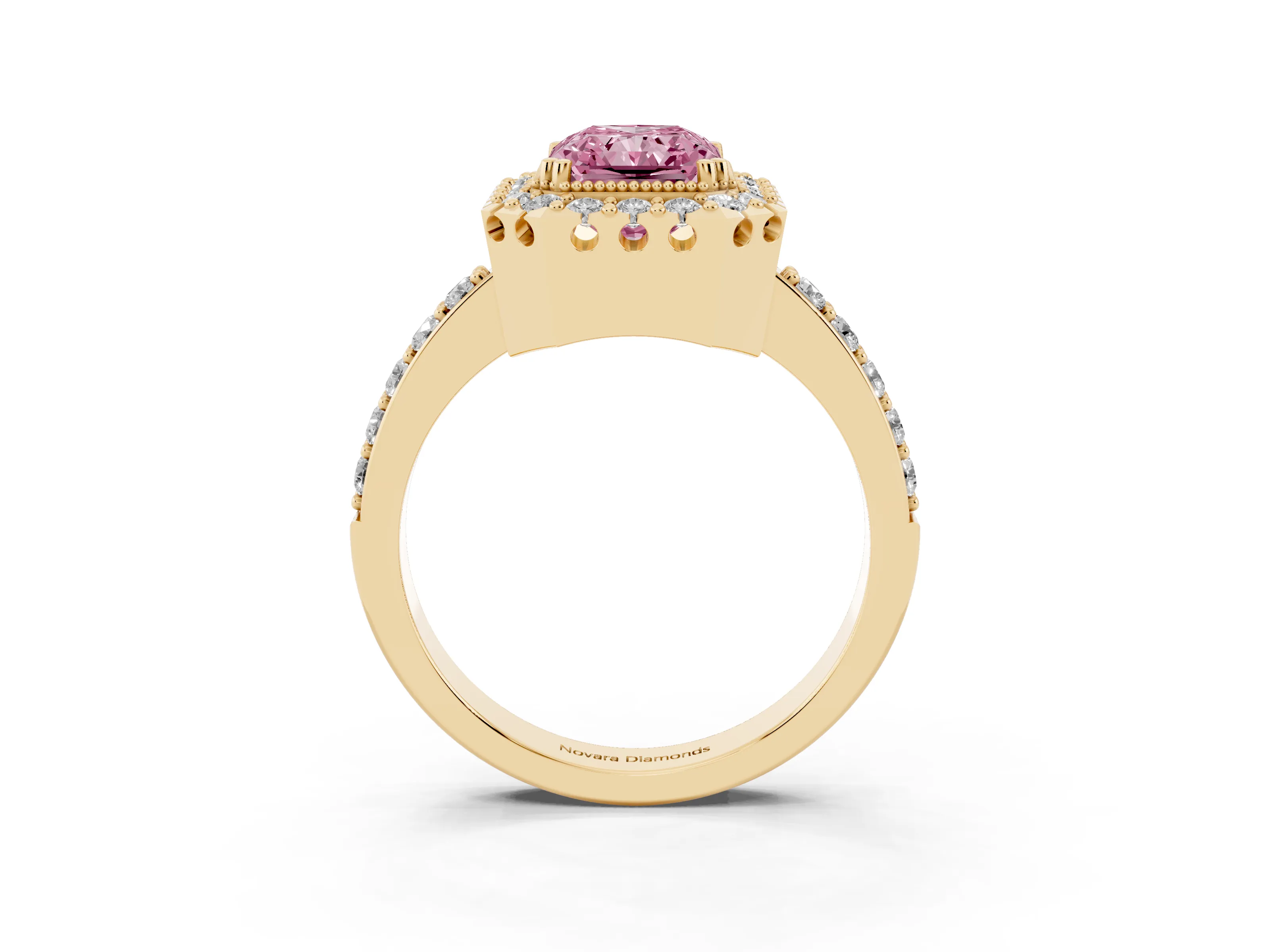 Fancy Pink Radiant Cut Diamond Halo Ring Set in Yellow gold with Pavé Shank and Prong Setting