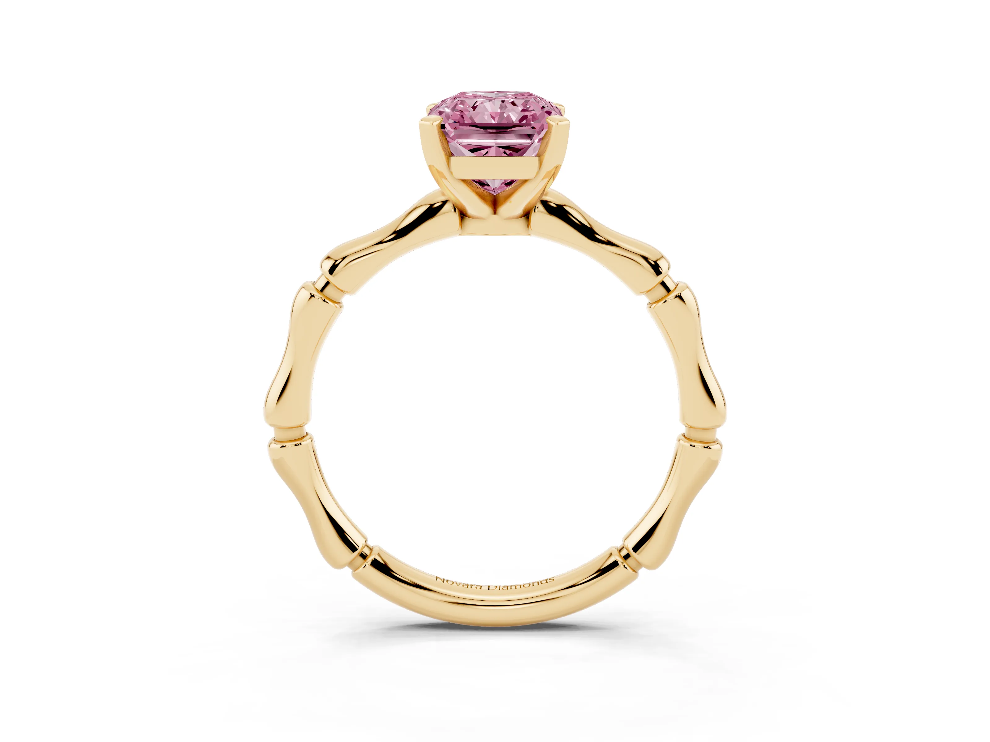 Fancy Pink Radiant Cut Diamond Solitaire Ring Set in Yellow gold with Bamboo Band and Prong Setting