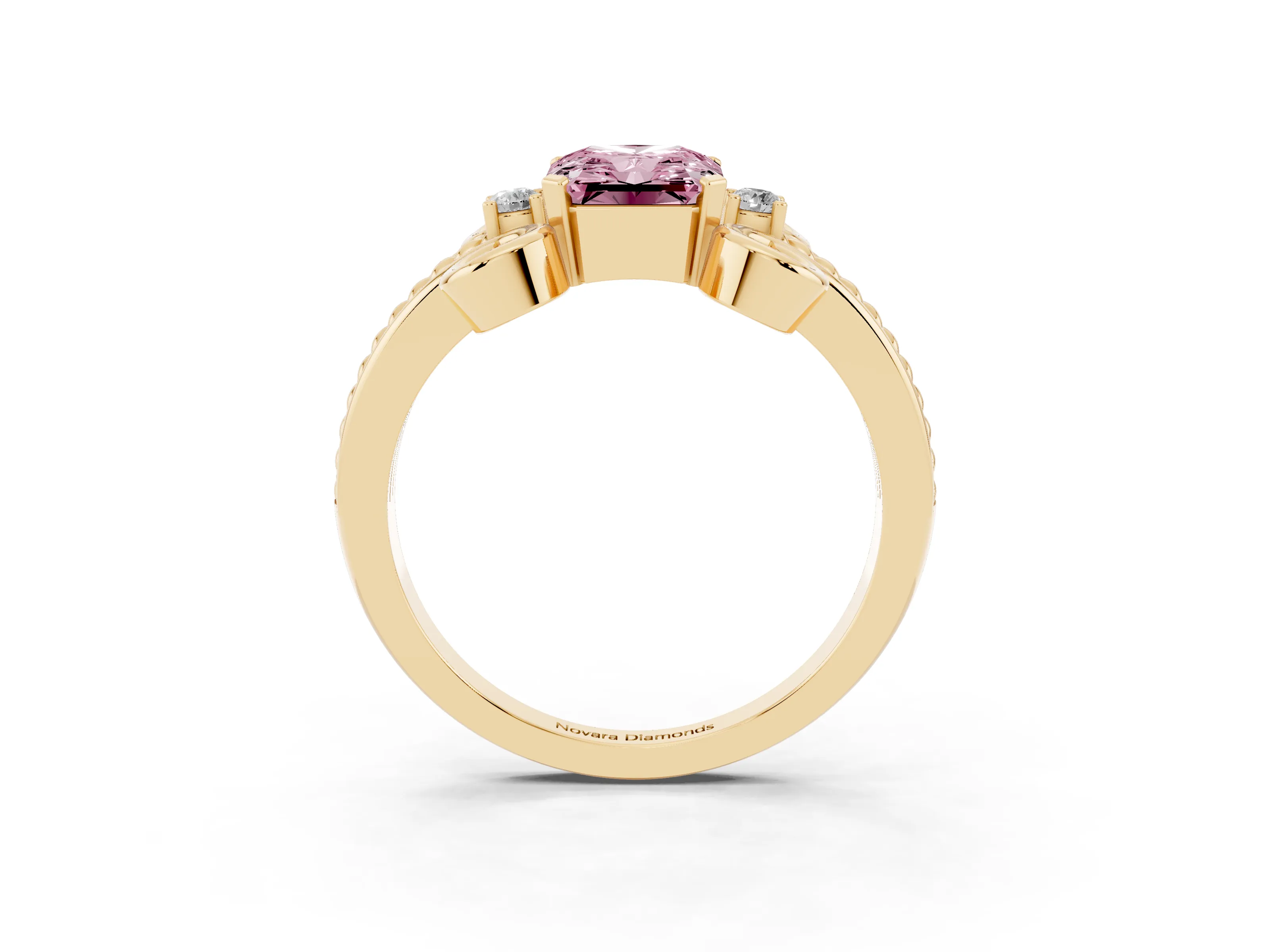 Fancy Pink Radiant Cut Diamond Twisted Band Solitaire Ring Set in Yellow gold with Scroll Prongs