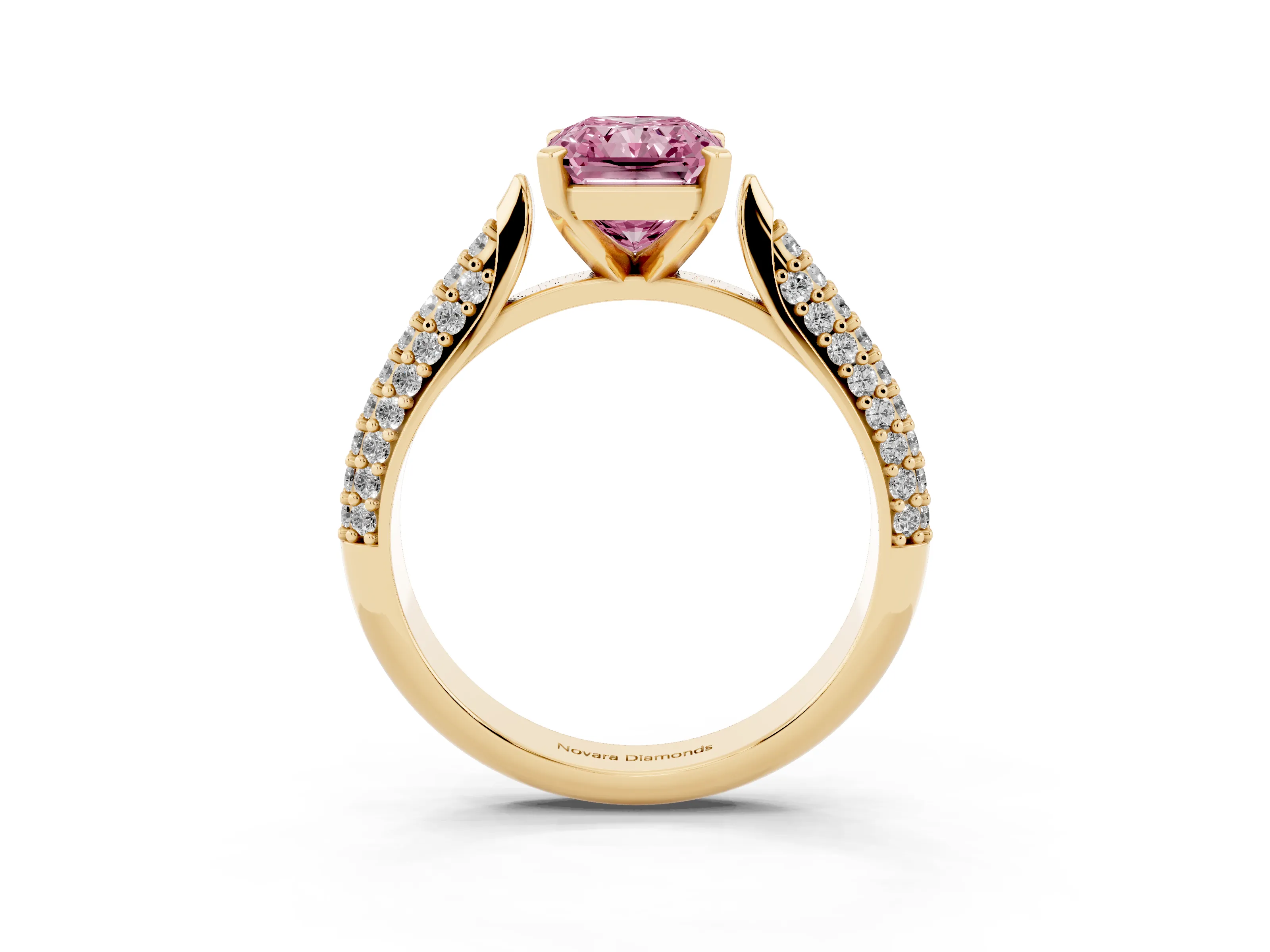 Fancy Pink Radiant Cut Diamond Solitaire Engagement Ring Set in Yellow gold with Multi-Row Round Pavé Band and Prong Setting