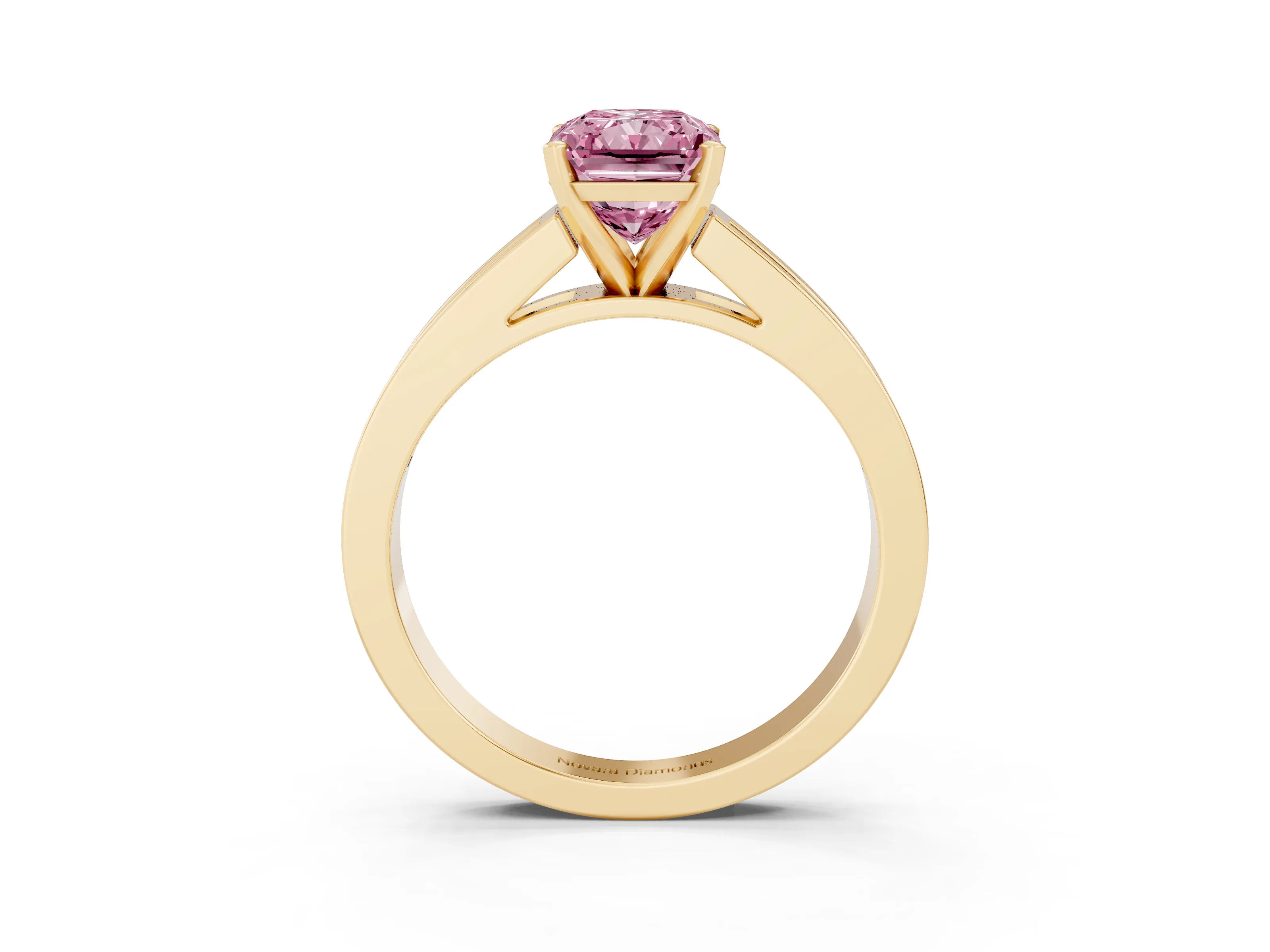 Fancy Pink Radiant Cut Diamond Solitaire Ring Set in Yellow gold with Channel-Set Band and Prong Setting