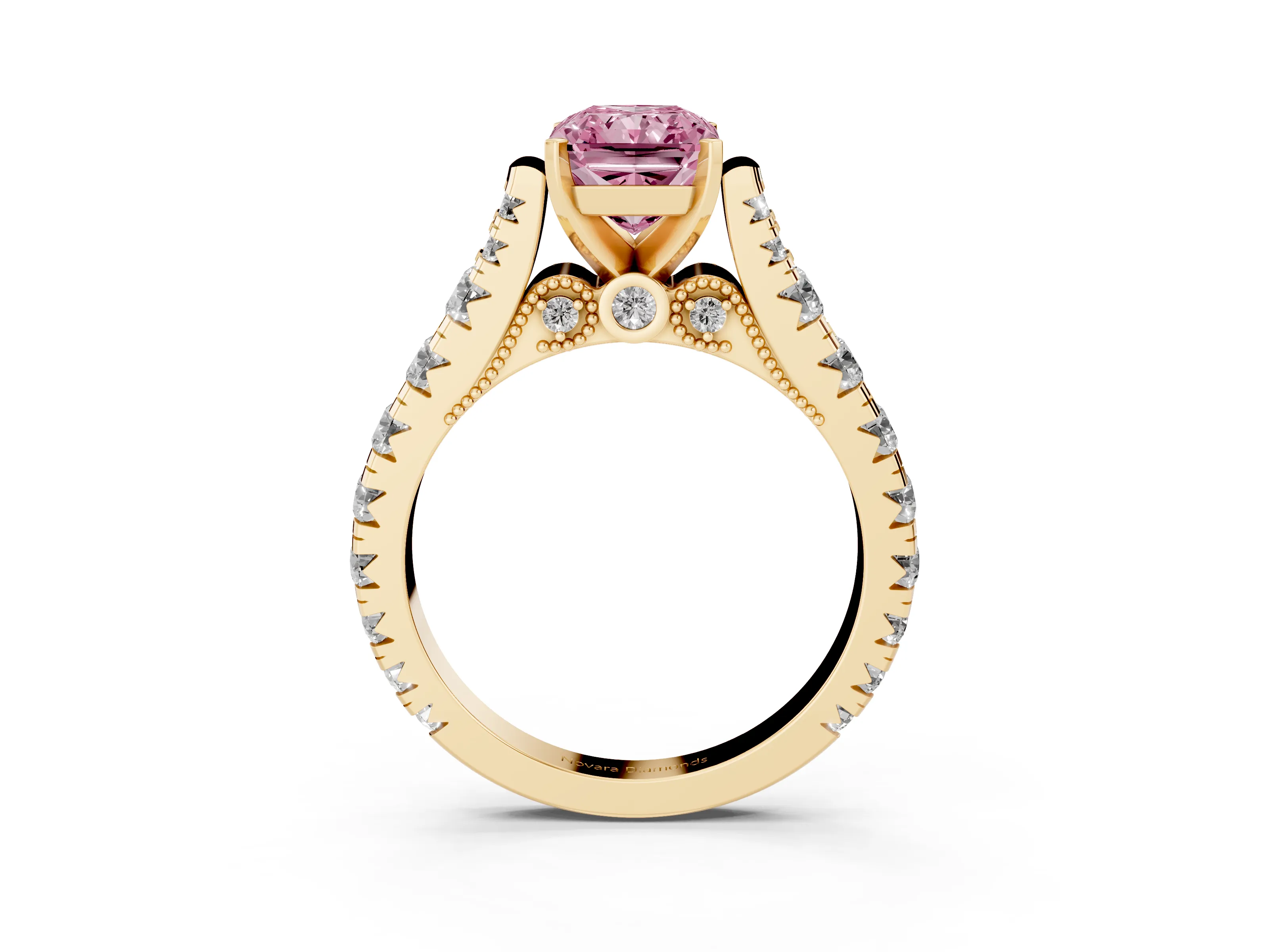 Fancy Pink Radiant Cut Diamond Classic Solitaire Ring Set in Yellow gold with Pavé Band and Prong Setting