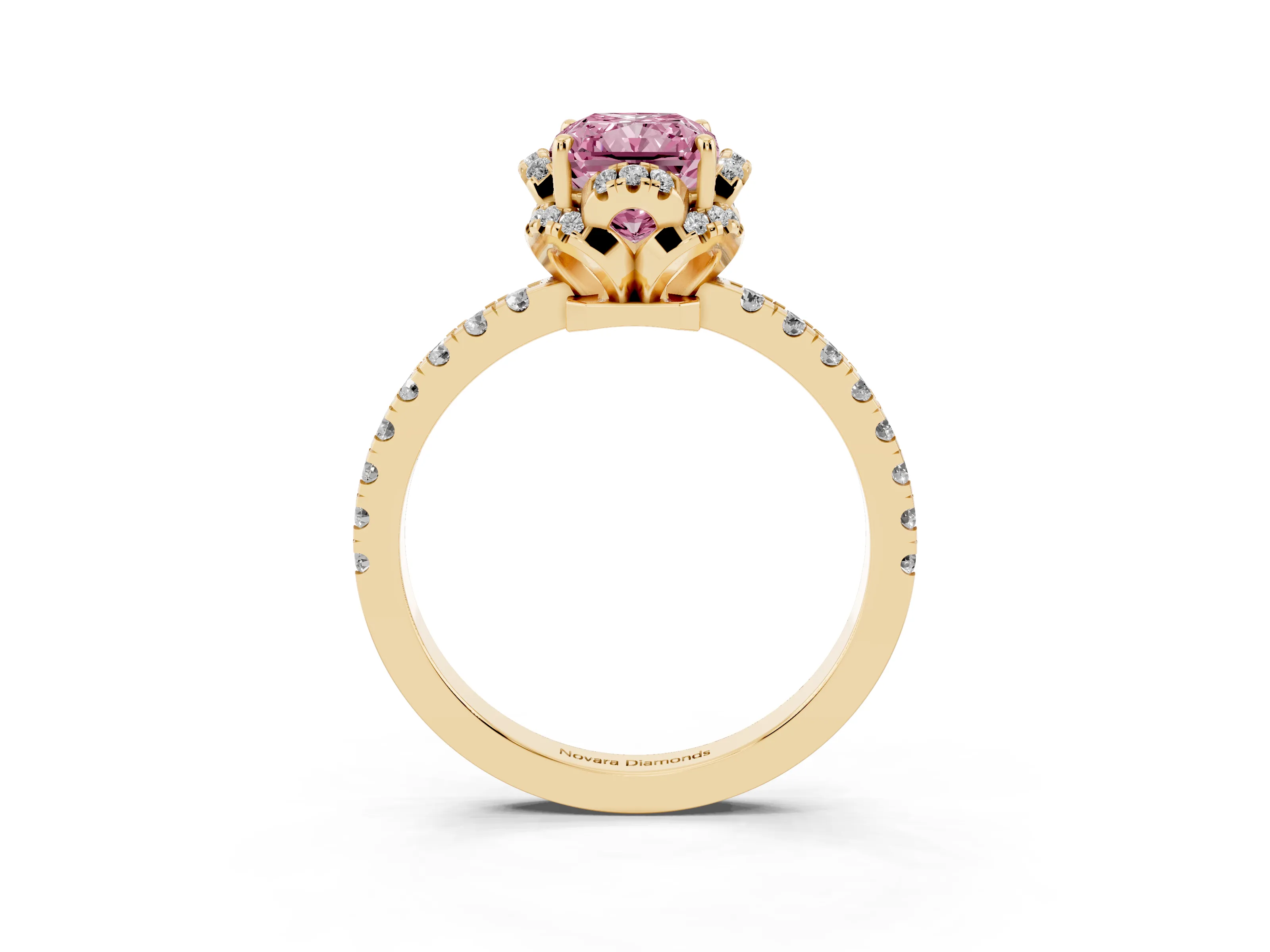 Fancy Pink Radiant Cut Diamond Halo Pavé Band Ring Set in Yellow gold with Prong-Held Center