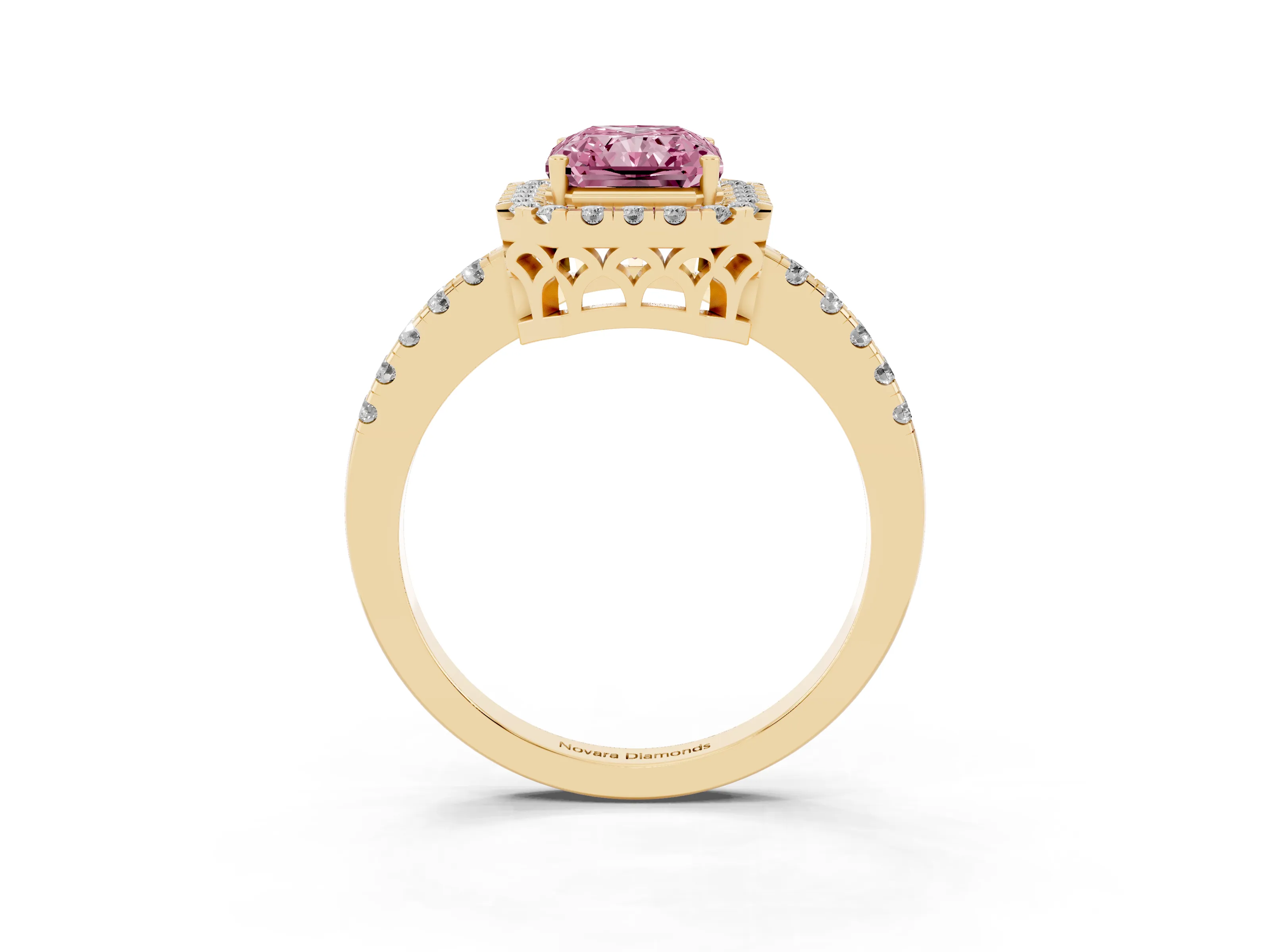 Fancy Pink Radiant Cut Diamond Pavé Band Halo Engagement Ring Set in Yellow gold with Prong Setting