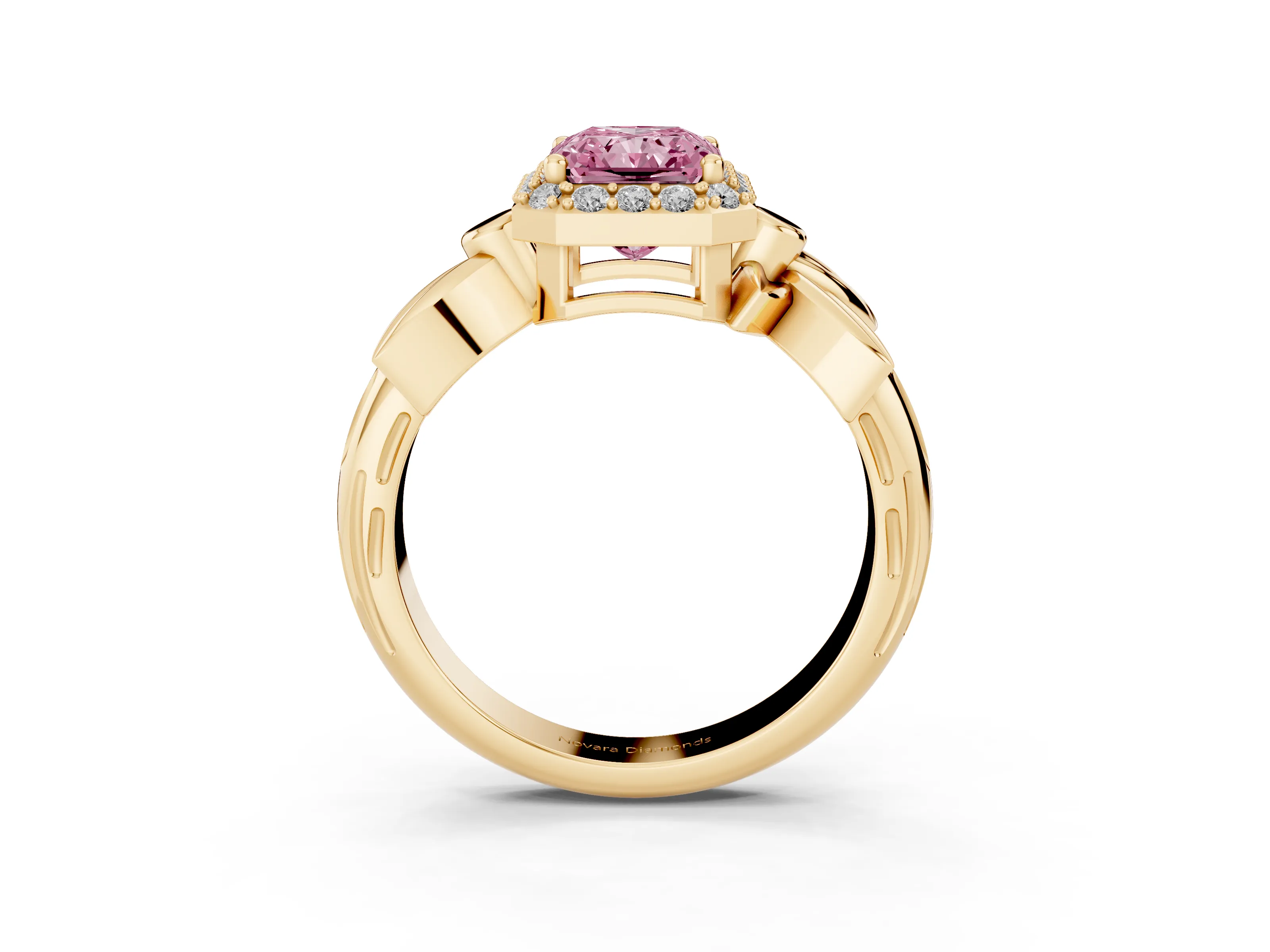 Fancy Pink Radiant Cut Diamond Halo Floral Band Ring Set in Yellow gold with Prong Setting