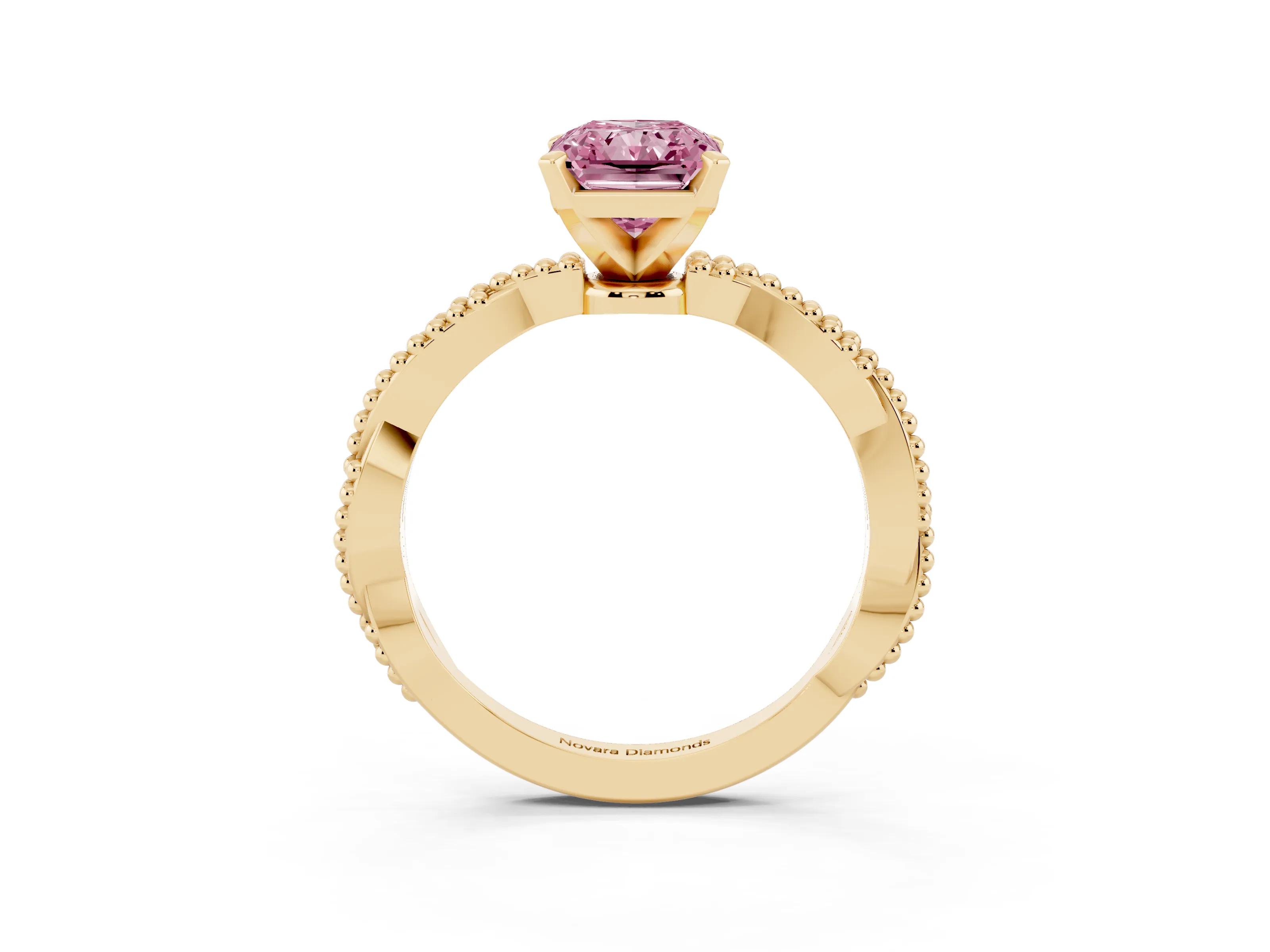 Fancy Pink Radiant Cut Diamond Solitaire Ring Set in Yellow gold with Twisted Band and Bead Prong Setting