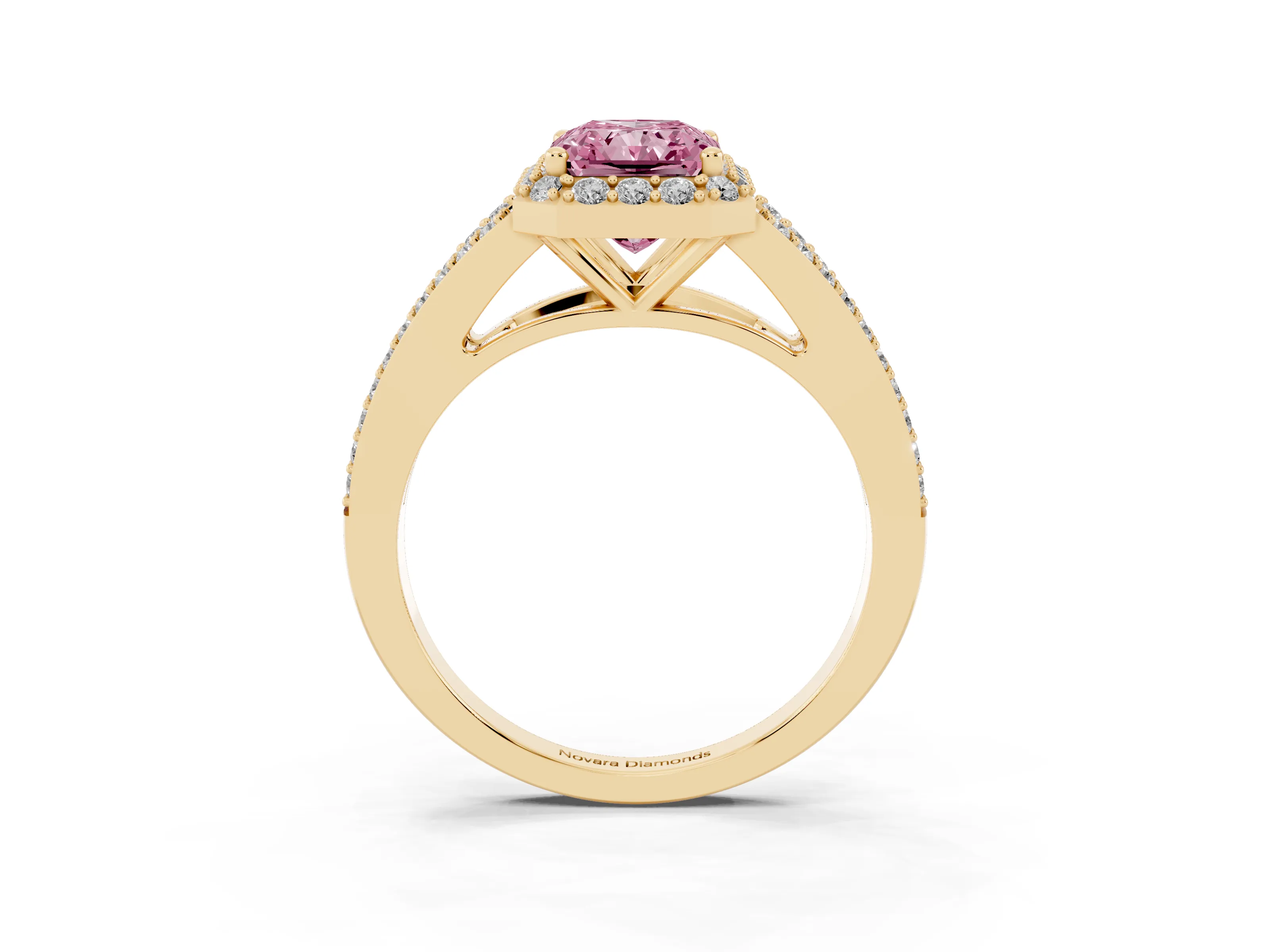 Fancy Pink Radiant Cut Diamond Halo Split Shank Pavé Ring Set in Yellow gold with Prong Setting
